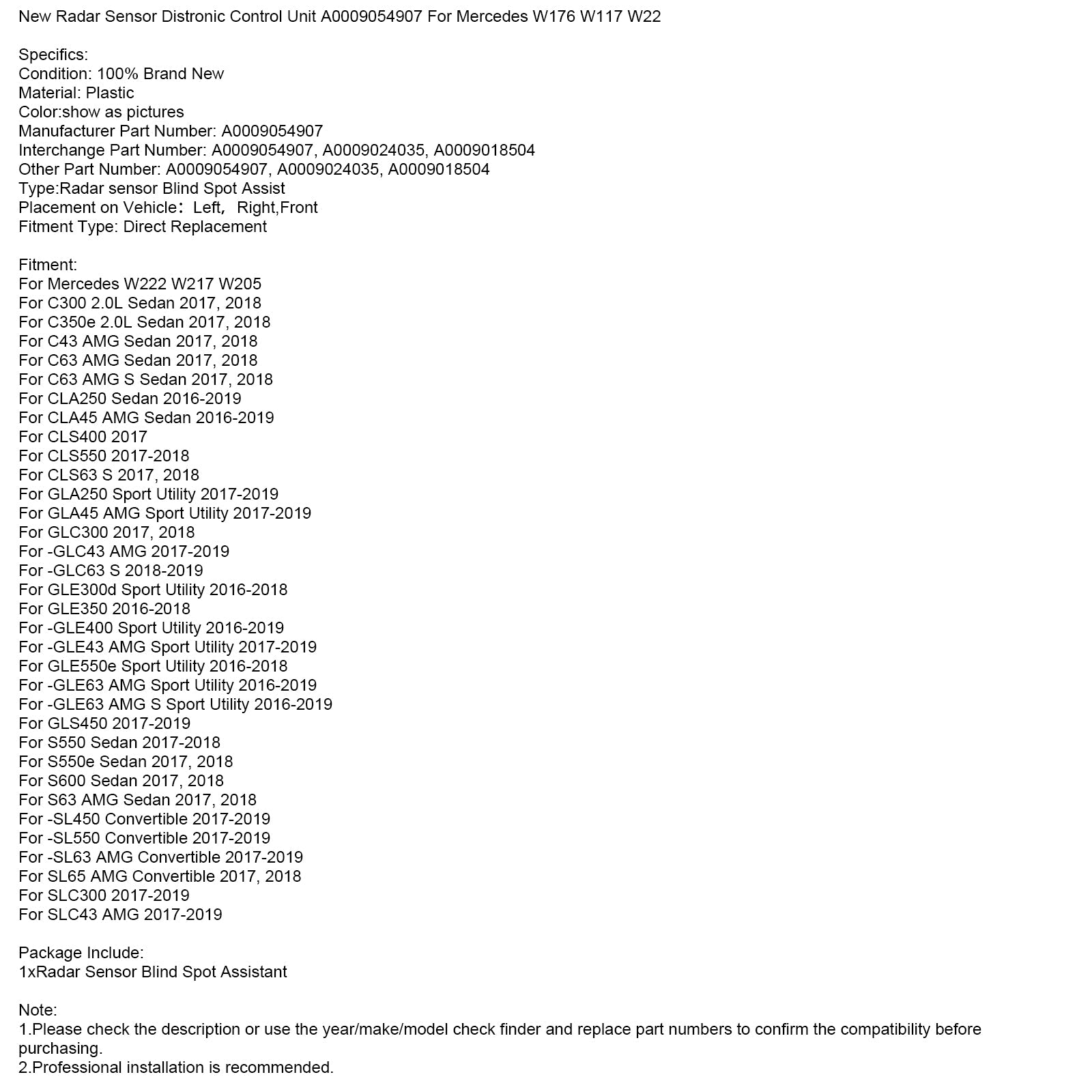 2017-2018 Mercedes W222 W217 W205 S600 Sedan New Radar Sensor Distronic Control Unit A0009054907
