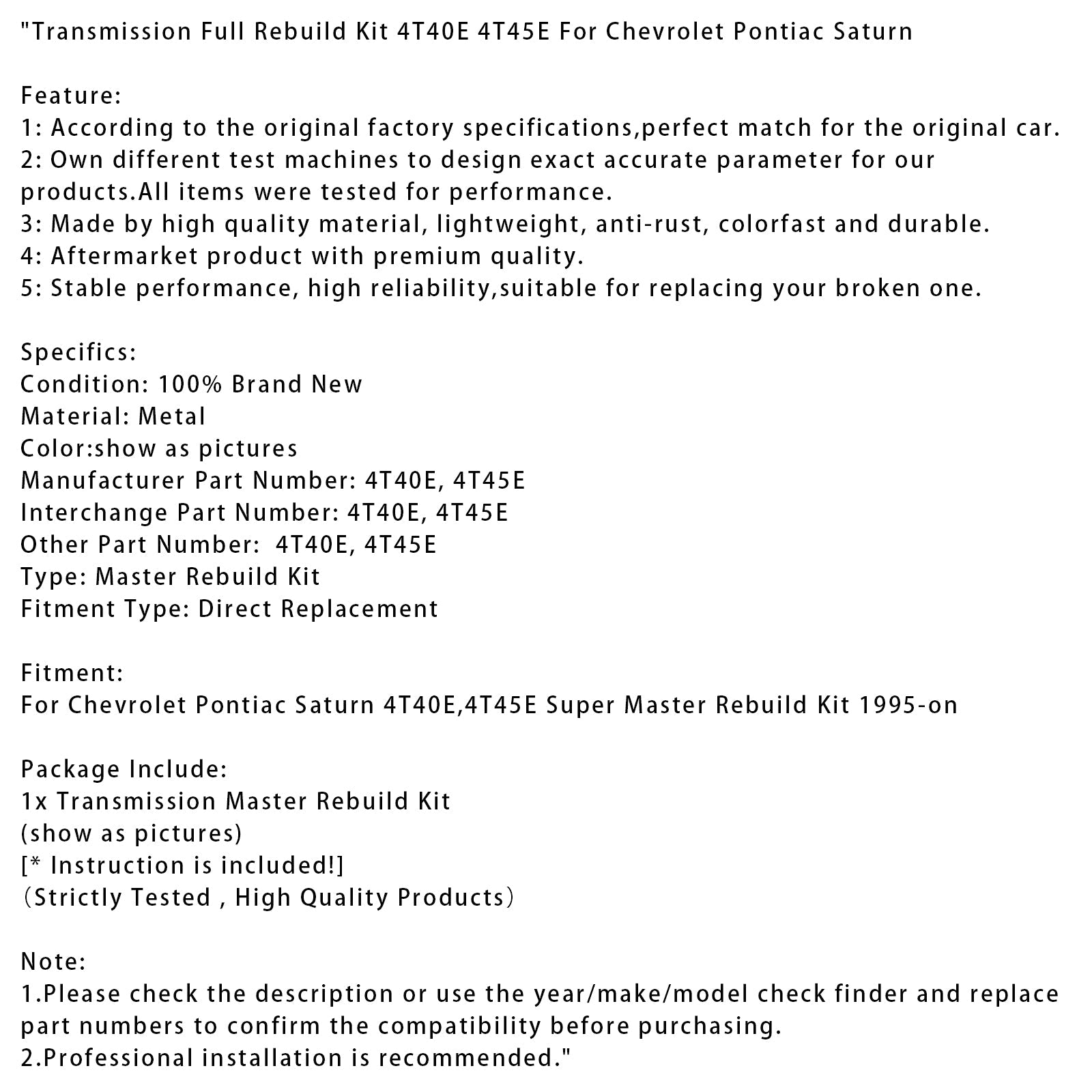 1995-on Chevrolet Pontiac Saturn Transmission Full Rebuild Kit 4T40E 4T45E