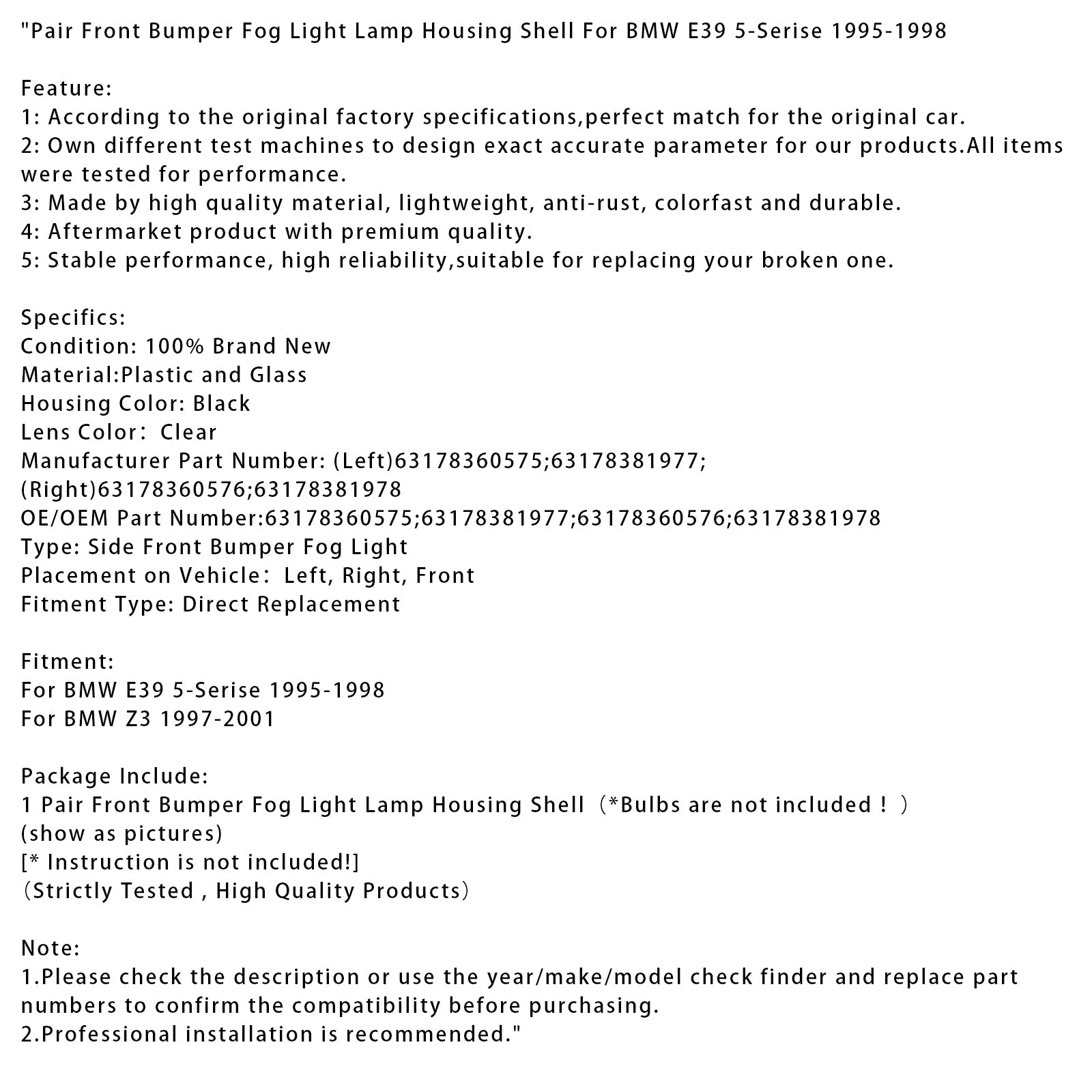 Pair Front Bumper Fog Light Lamp Housing Shell For BMW E39 5-Serise 1995-1998