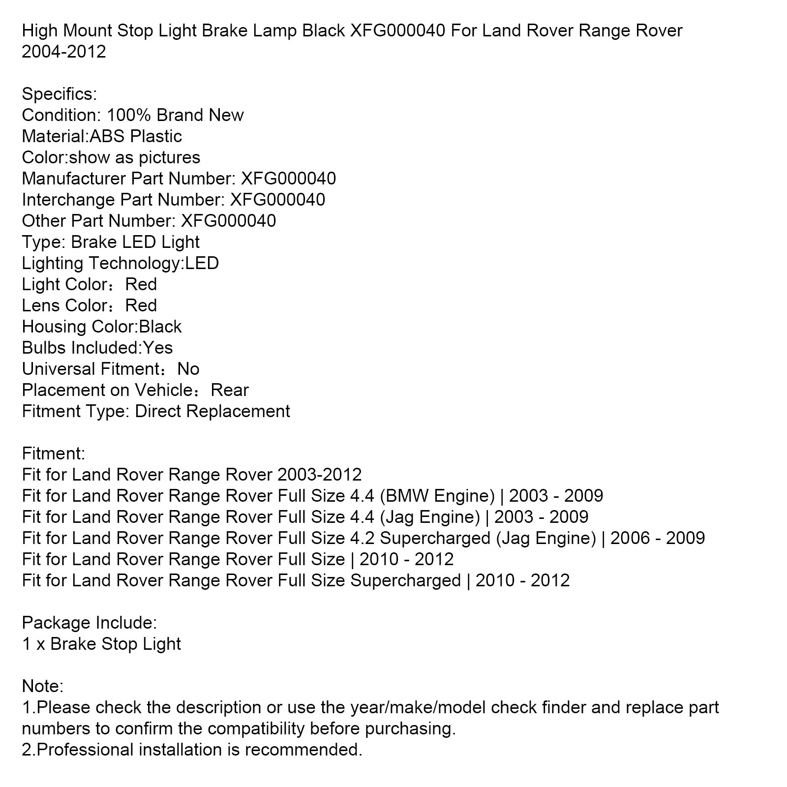 High Mount Stop Light Brake Lamp Black XFG000040 For Land Rover Range Rover