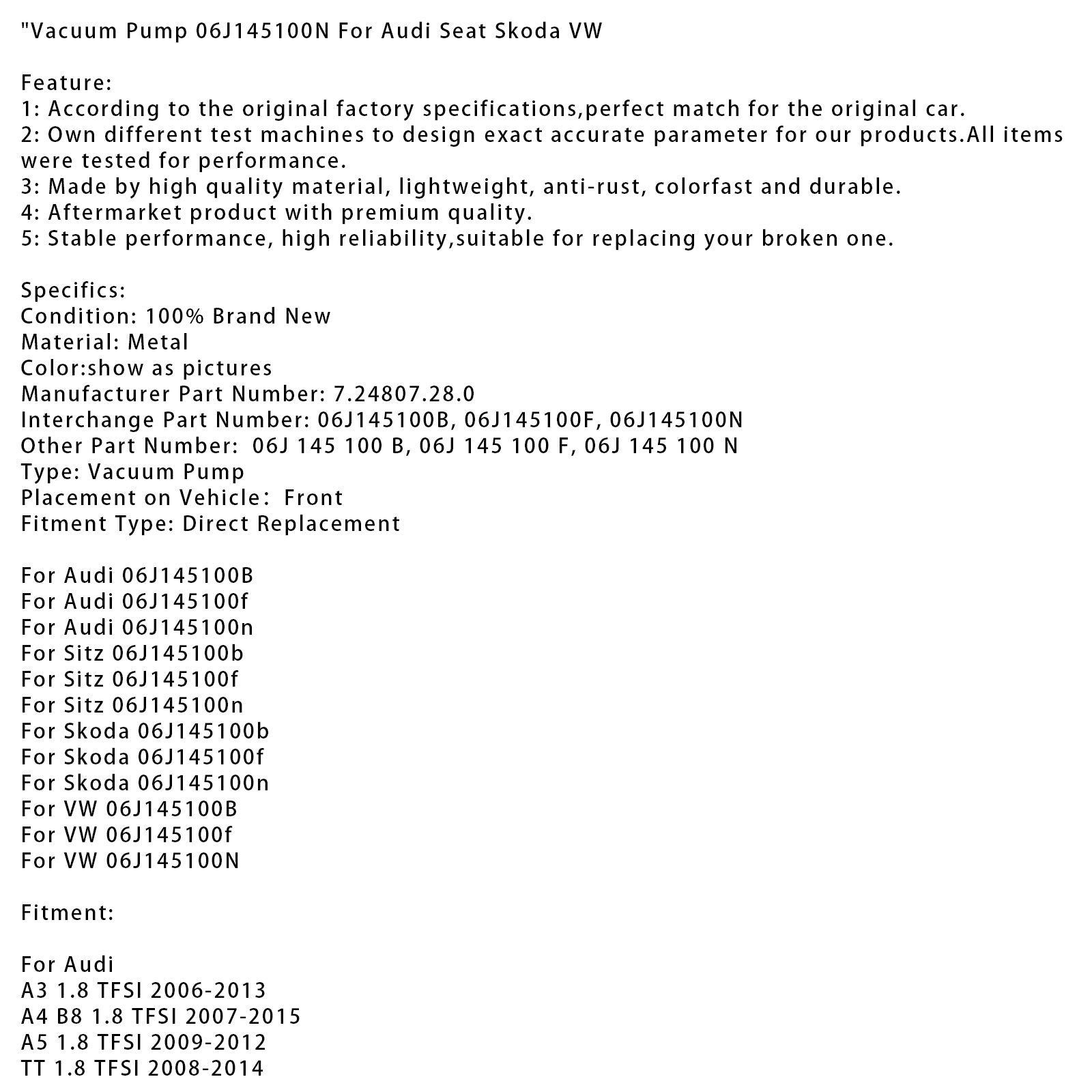 2011-2016 VW K?fer 2.0 TFSI Vacuum Pump 06J145100N 7.24807.28.0 Generic