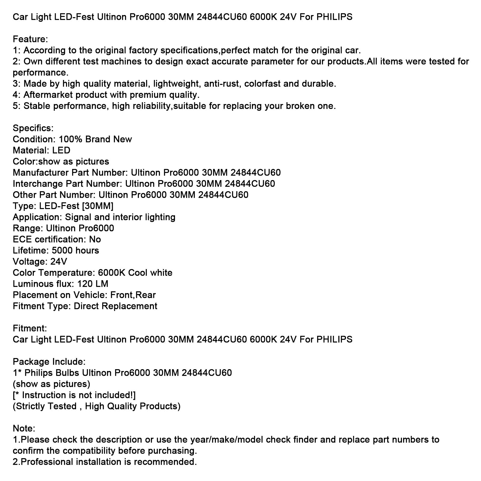Car Light LED-Fest Ultinon Pro6000 30MM 24844CU60 6000K 24V For PHILIPS