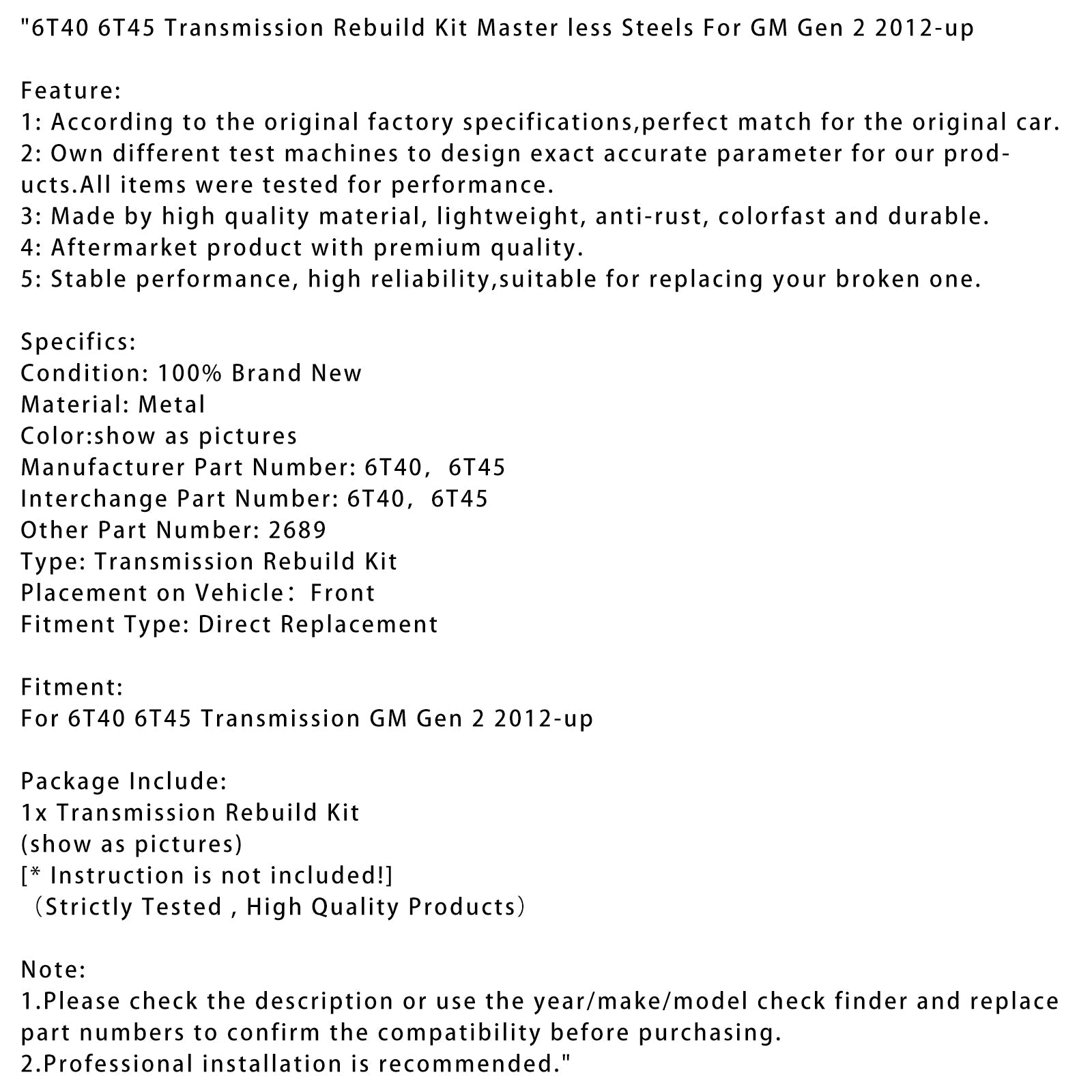 6T40 6T45 Transmission Rebuild Kit Master less Steels For GM Gen 2 2012-up