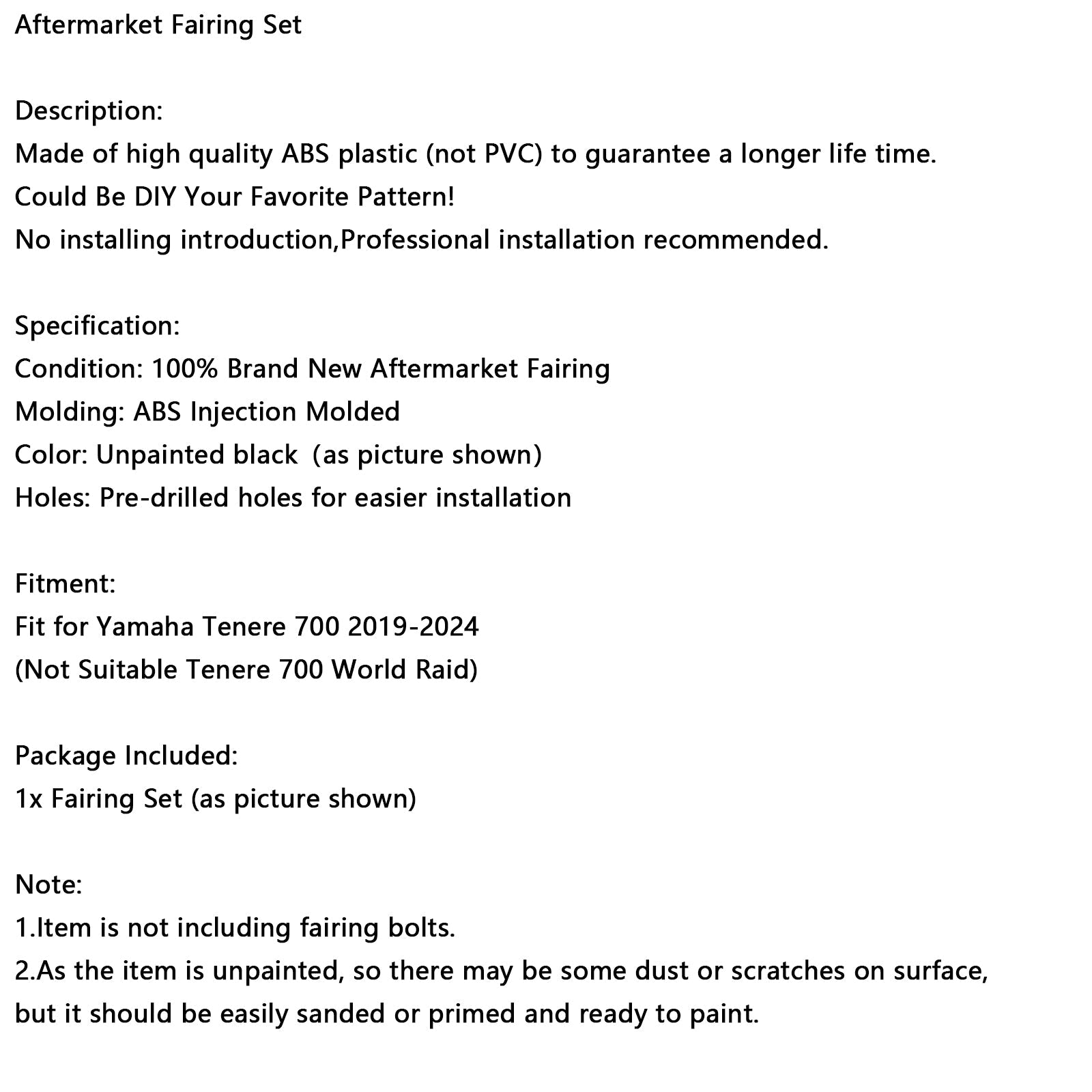 Bodywork Fairing Injection Unpainted For Yamaha Tenere 700 2019-2024