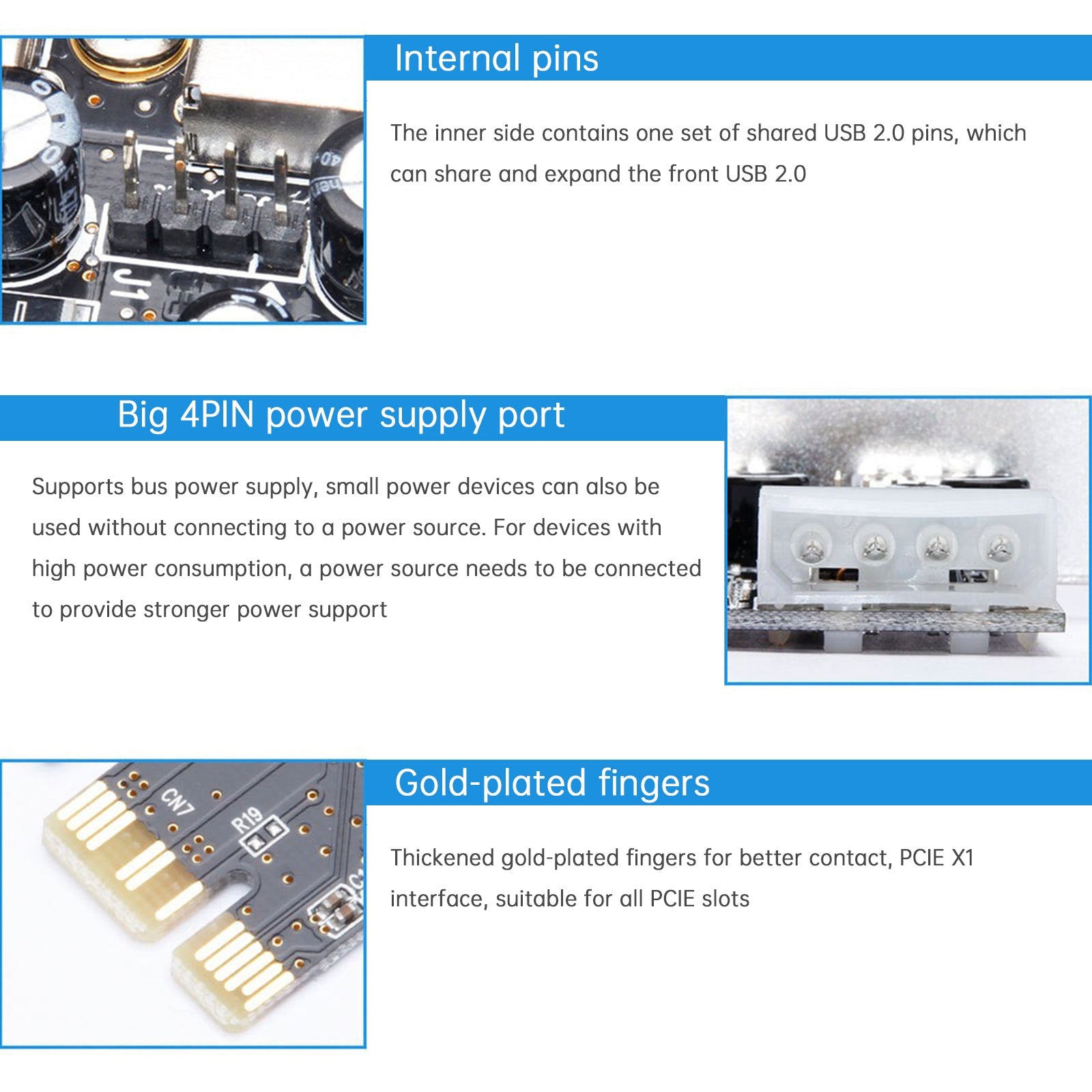 HUB 2.0 PCIE to USB 2.0 Expansion Card Moschip Adapter Card 4PIN Power Supply