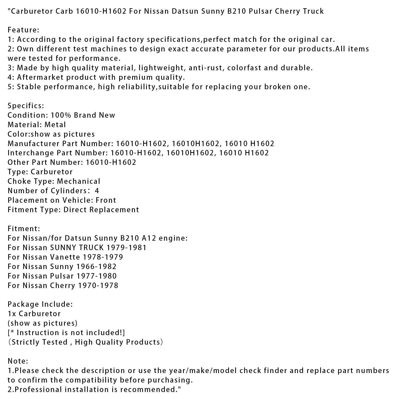1970-1978 Nissan Cherry Carburetor Carb 16010-H1602