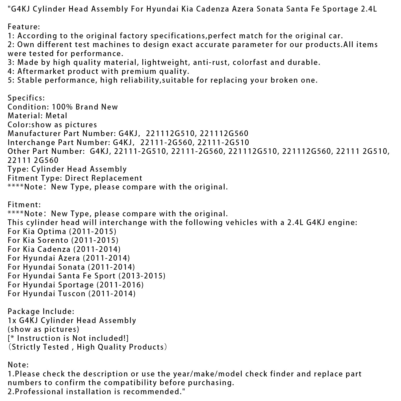 2011-2014 Hyundai Azera G4KJ Cylinder Head Assembly 221112G510 221112G560