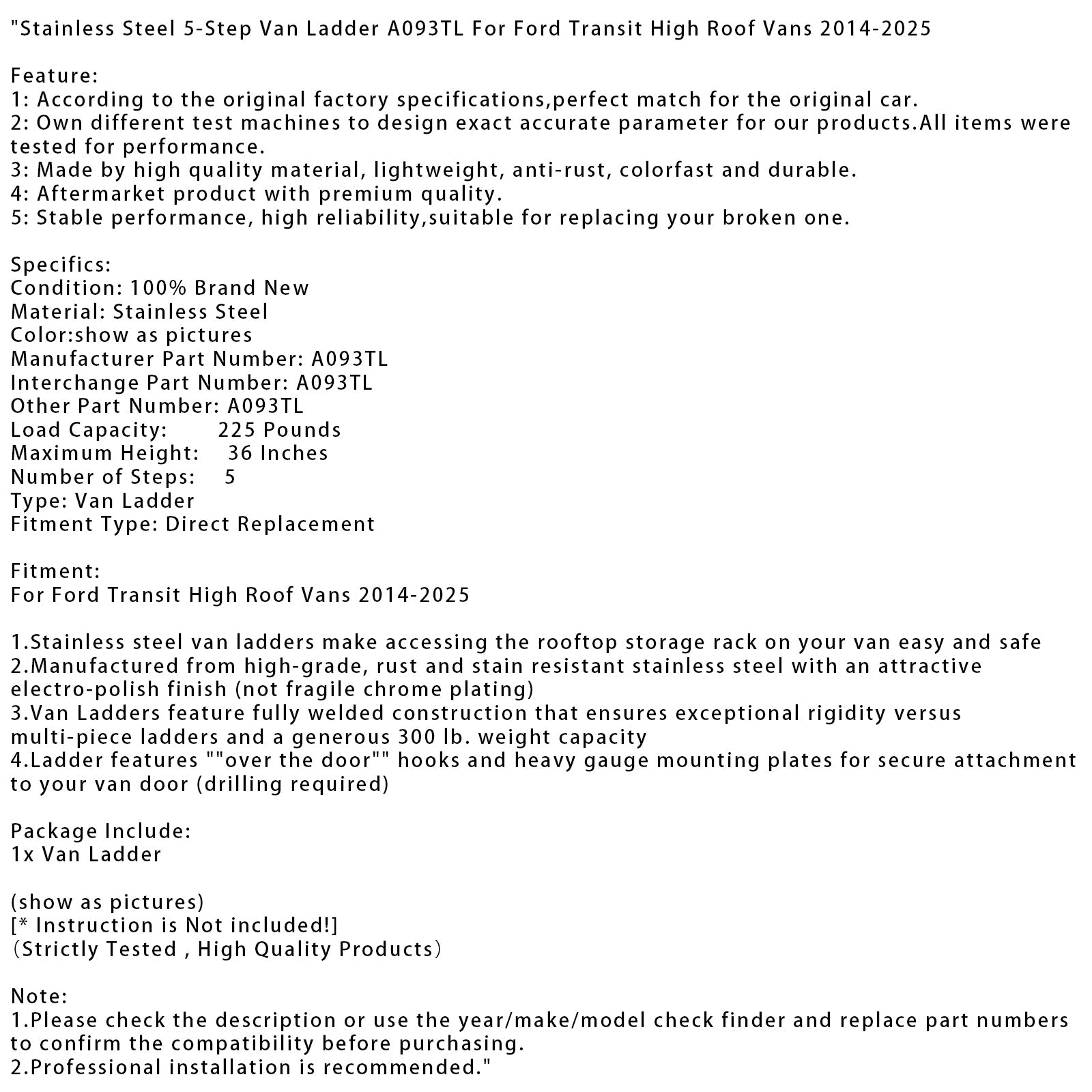 2014-2025 Ford Transit High Roof Vans Stainless Steel 5-Step Van Ladder A093TL