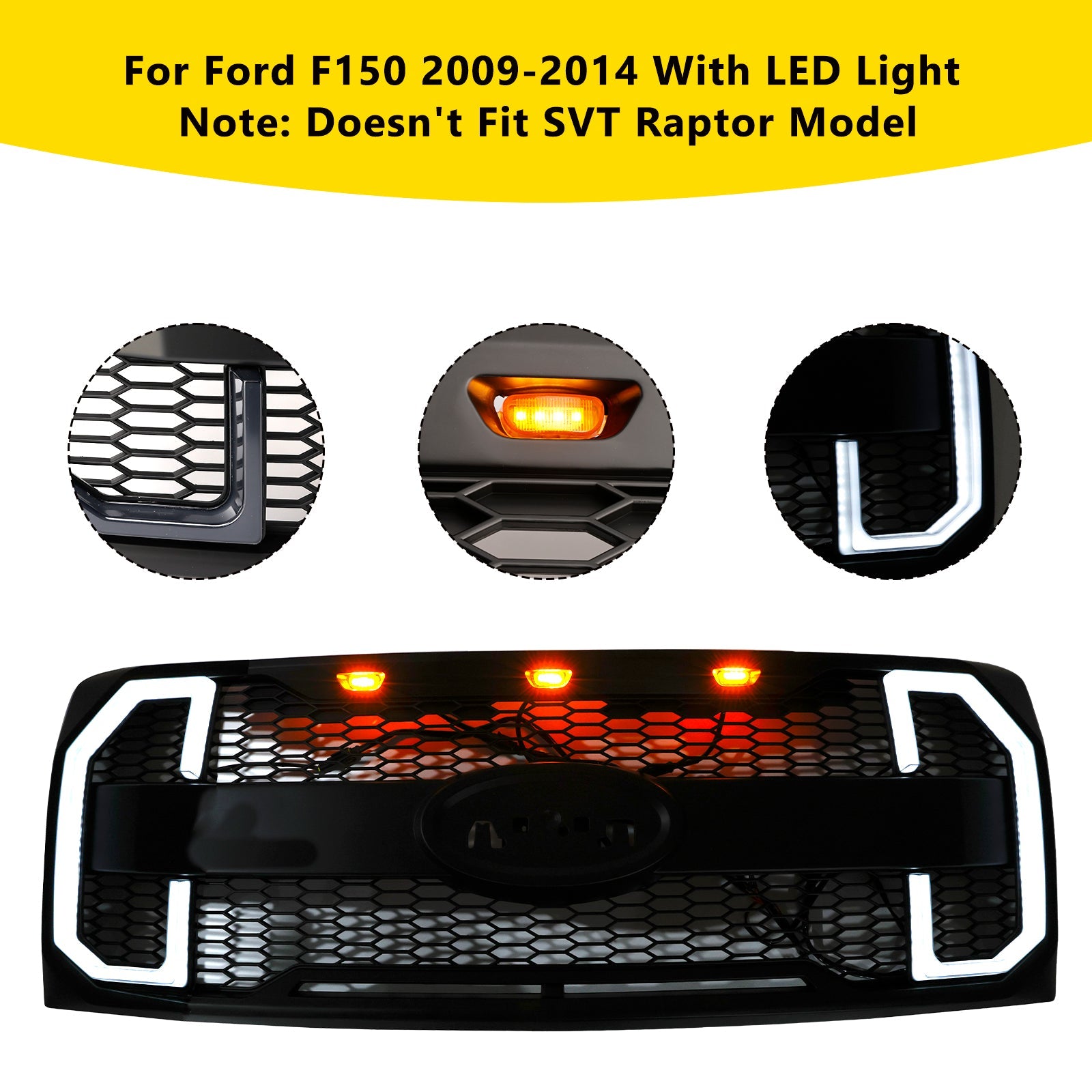 2009-2014 Ford F150 Matte Black Raptor Style Front Bumper Grille Grill W/LED