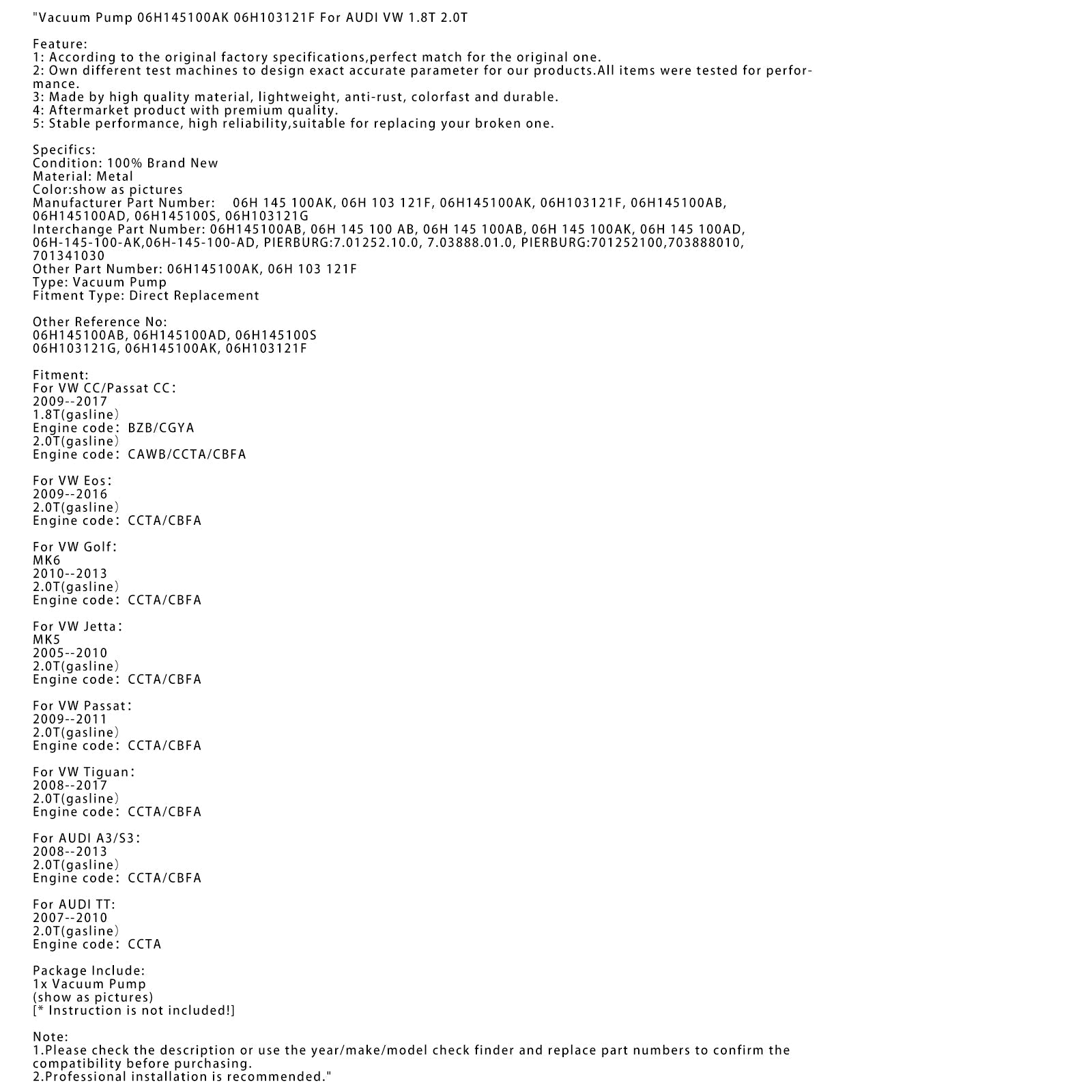 Audi VW 1.8T 2.0t 용 Vacuum Pump 06H145100AK 06H103121F