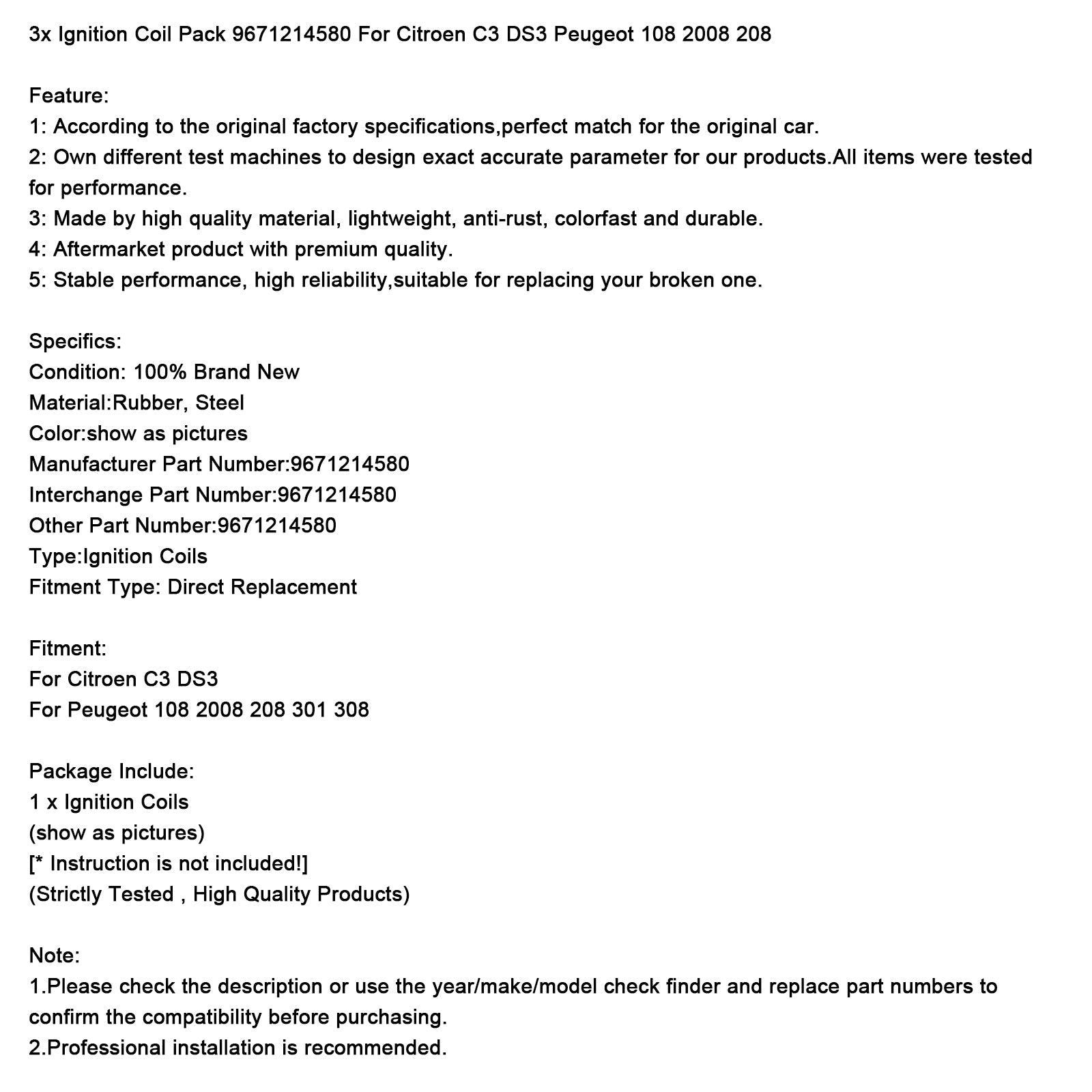 3x Ignition Coil Pack 9671214580 For Citroen C3 DS3 Peugeot 108 2008 208