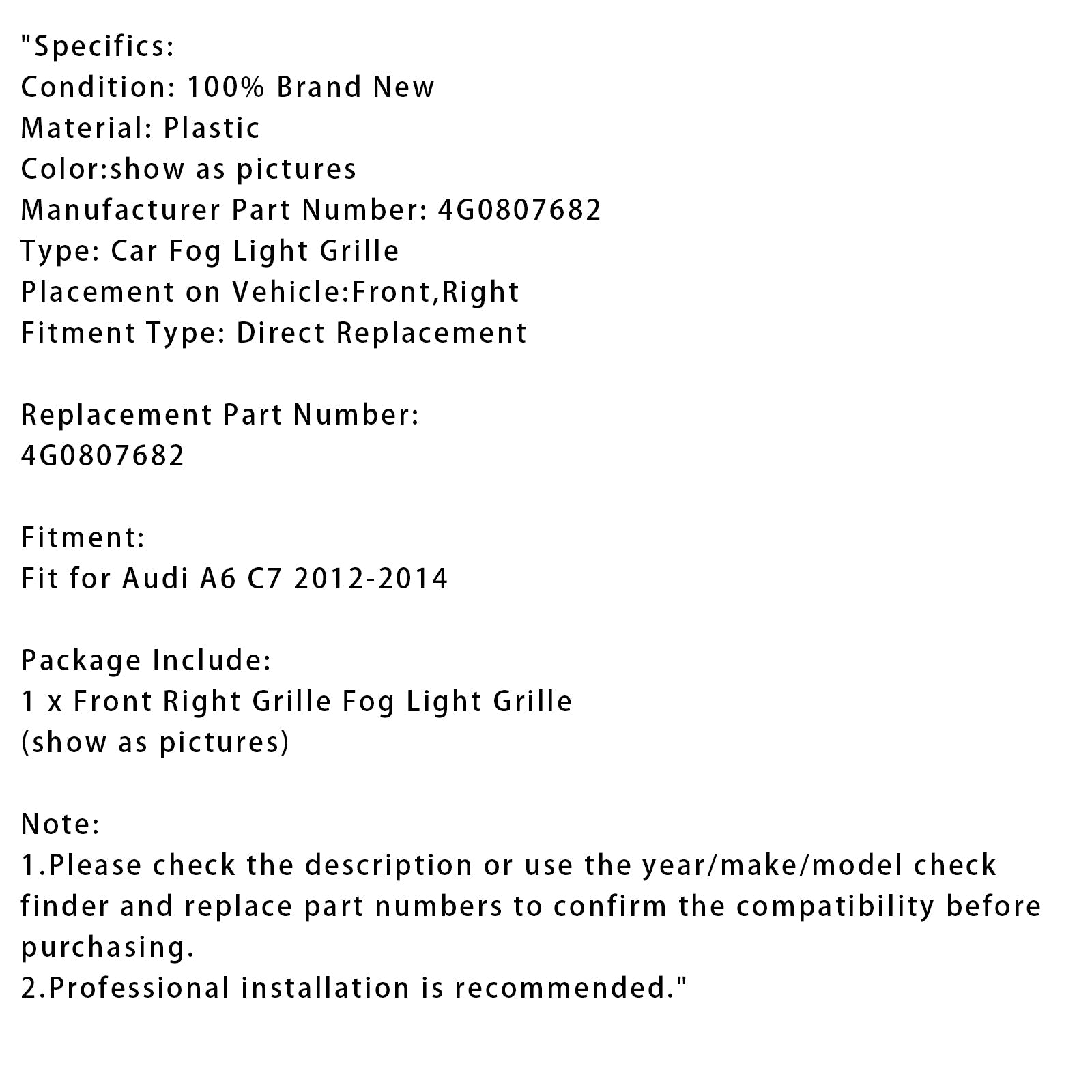 Front Right Side Bumper Grille Fog Light Grill 4G0807682 For Audi A6 C7 2011-2014