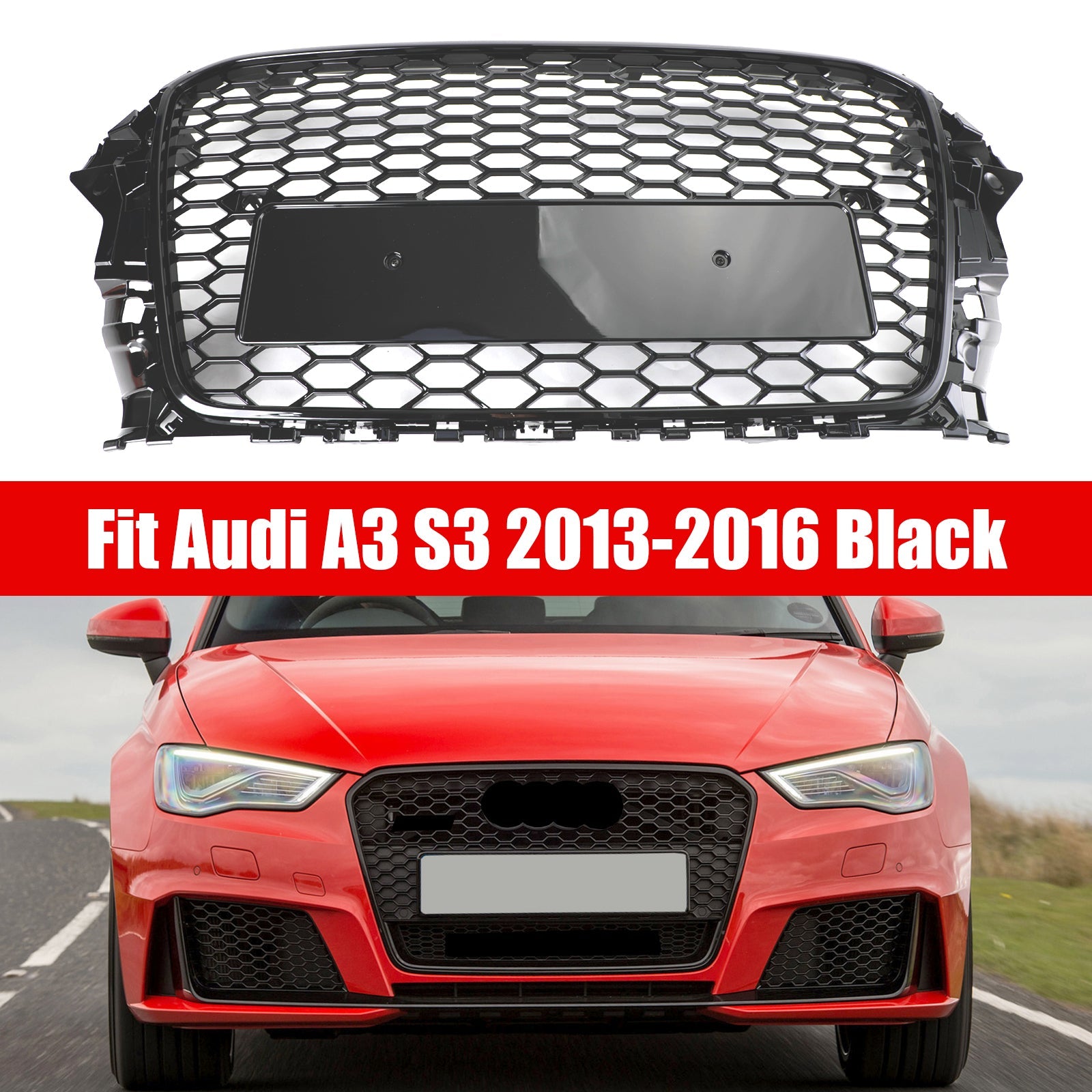 2013-2016 Audi A3 S3 Black RS3 Style Front Hood Henycomb Bumper Grille Grill