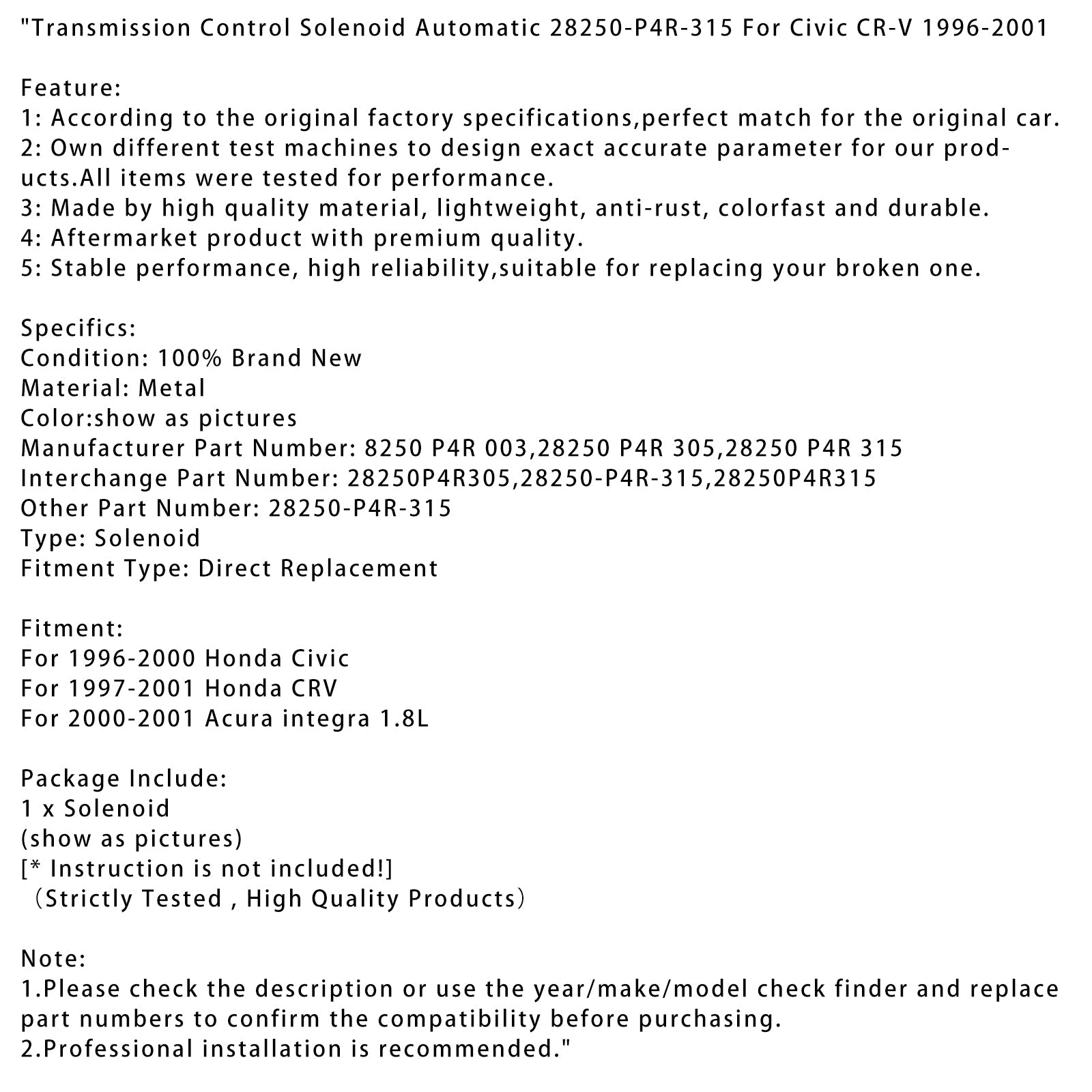 Civic CR-V 1996-2001용 변속기 제어 솔레노이드 자동 28250-P4R-315