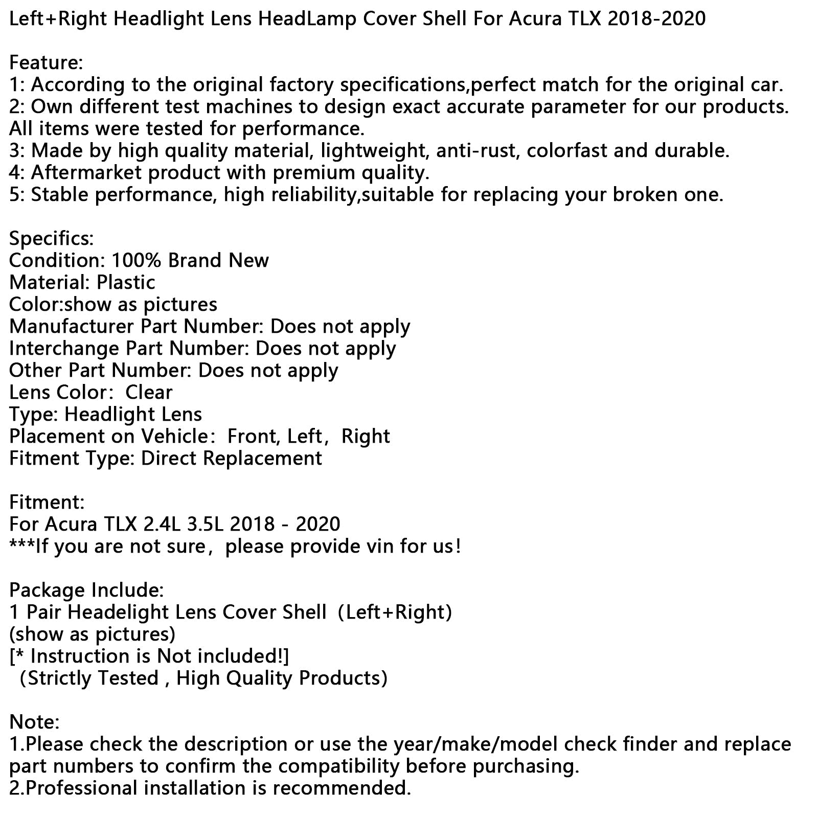 2018-2020 Acura TLX Left+Right Headlight Lens HeadLamp Cover Shell