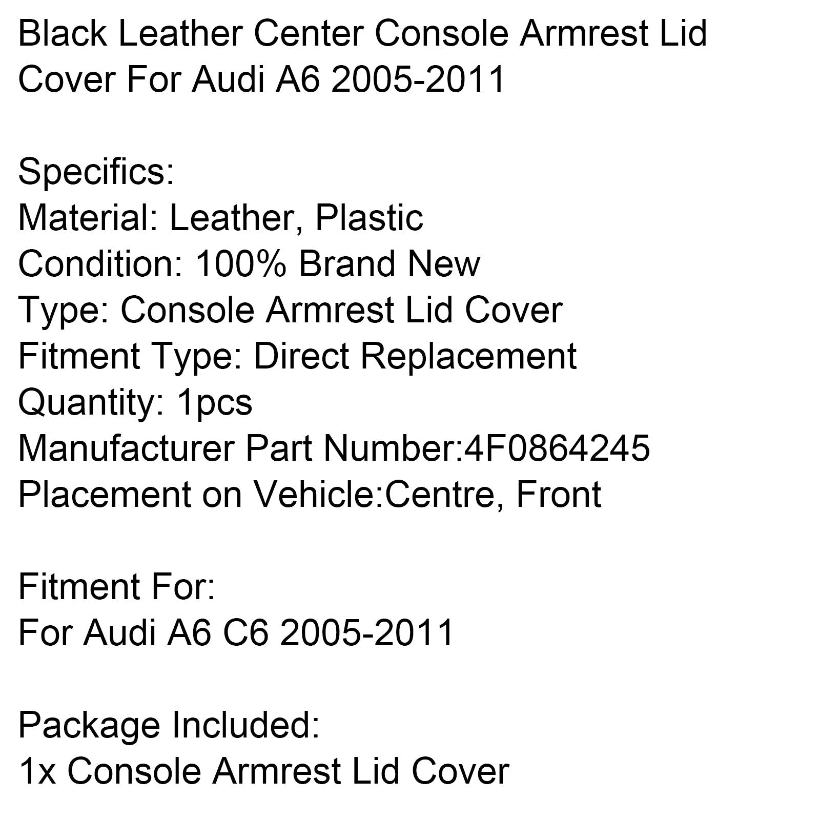 Black Leather Center Console Armrest Lid Cover For Audi A6 C6 2005-2011