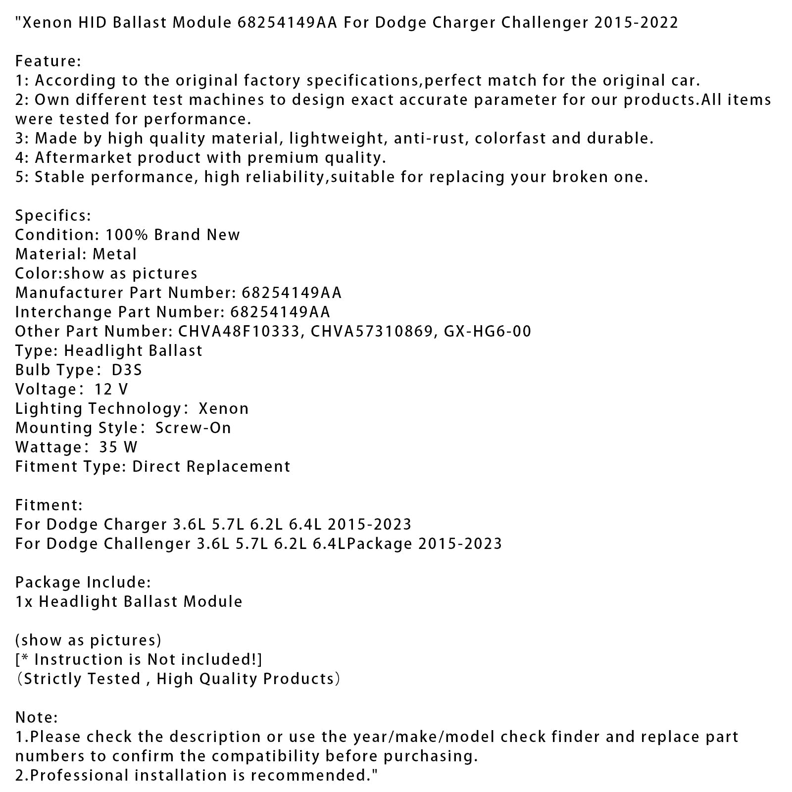 Xenon HID Ballast Module 68254149AA For Dodge Charger Challenger 2015-2022