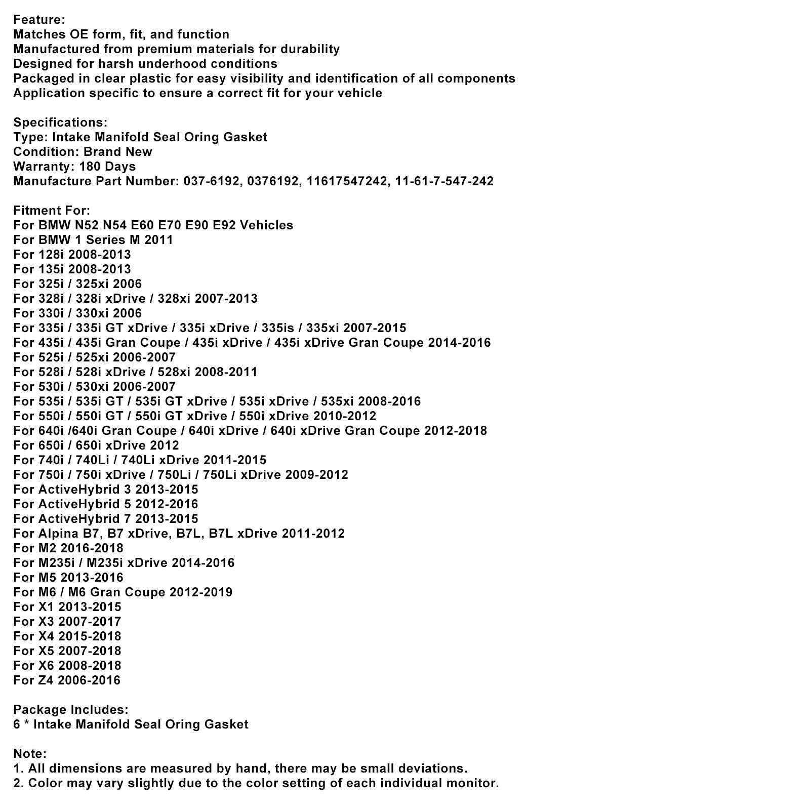 6PCS Intake Manifold Gasket Set 037-6192 Fit BMW E70 E90 E92 X4 X5 X6 3er 5er