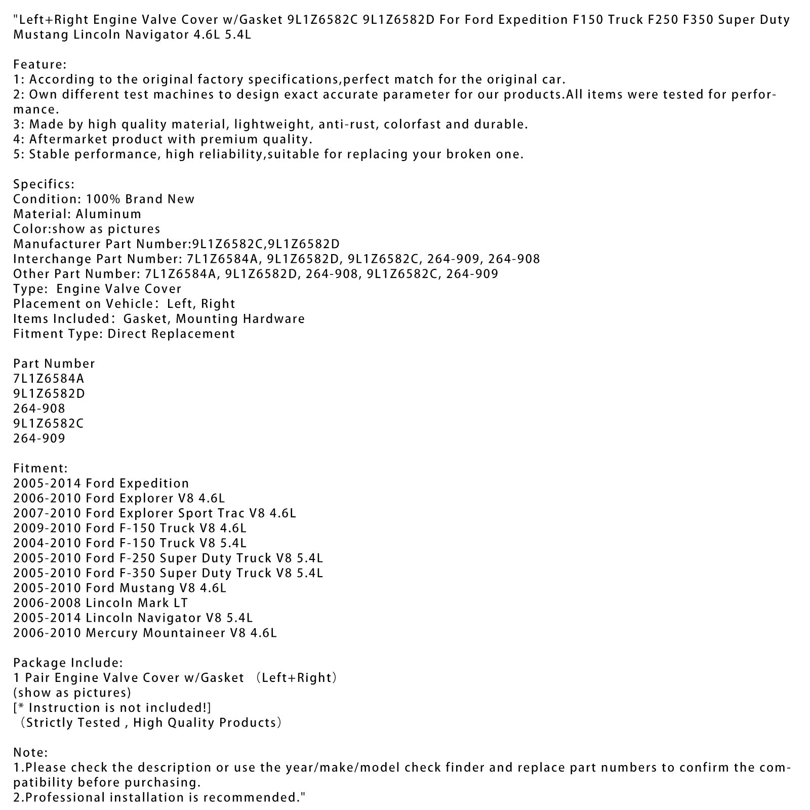 L+R Engine Valve Cover w/Gasket 9L1Z6582C 9L1Z6582D For Ford Expedition F150