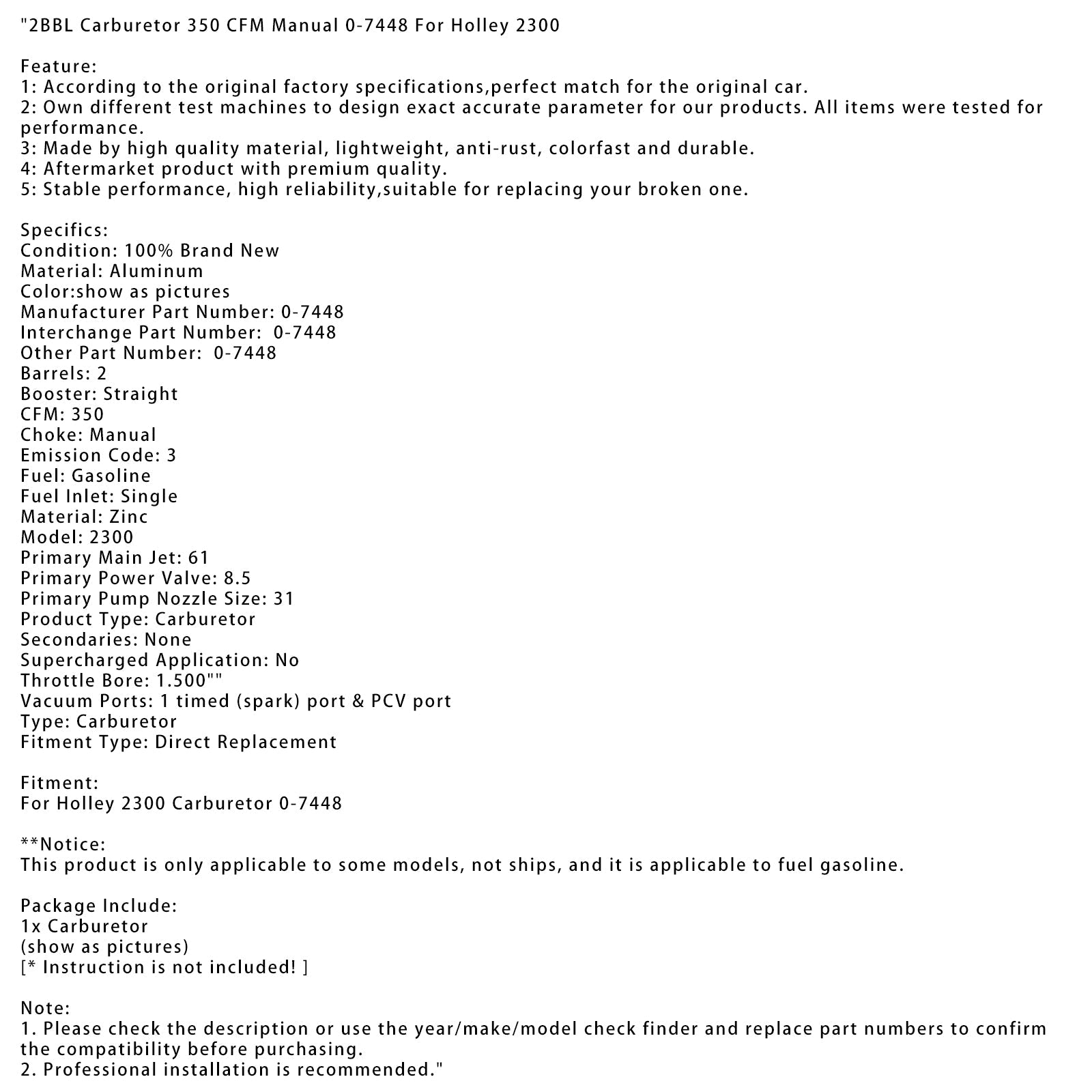 2BBL Carburetor 350 CFM Manual 0-7448 For Holley 2300