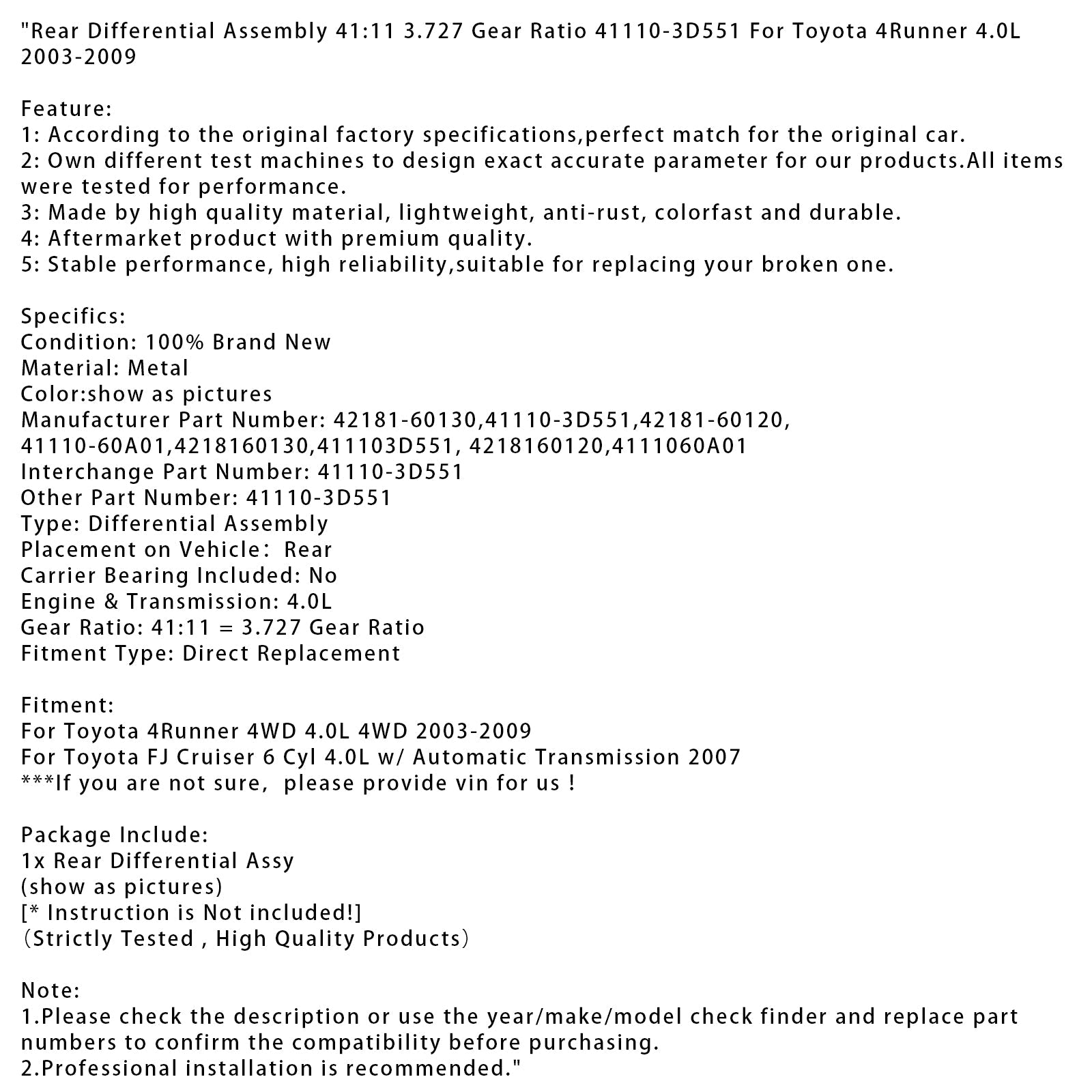 2003-2009 Toyota 4Runner 4WD 4.0L 4WD Rear Differential Assembly 41:11 3.727 Gear Ratio 42181-60130