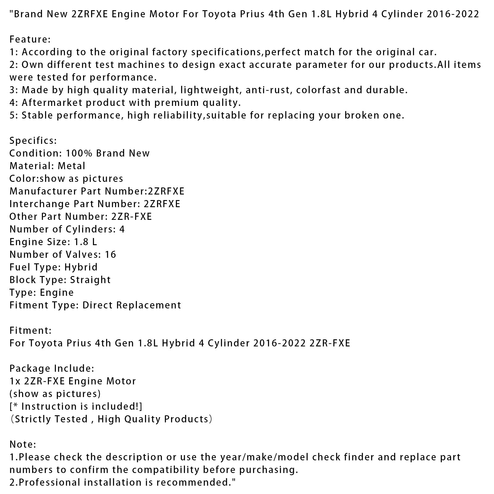 New 2ZRFXE Engine Motor For Toyota Prius 4th Gen 1.8L Hybrid 4 Cylinder 16-2022