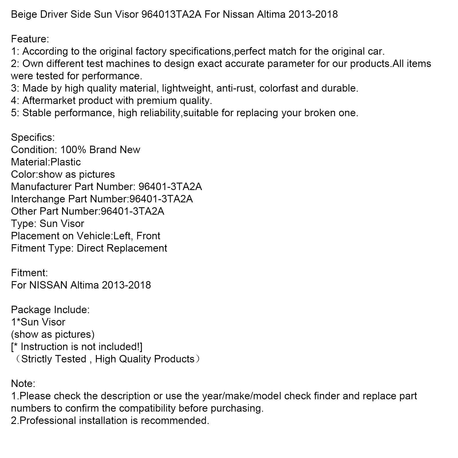 2013-2018 Nissan Altima Veige Driver Side Sun Visor 964013TA2A