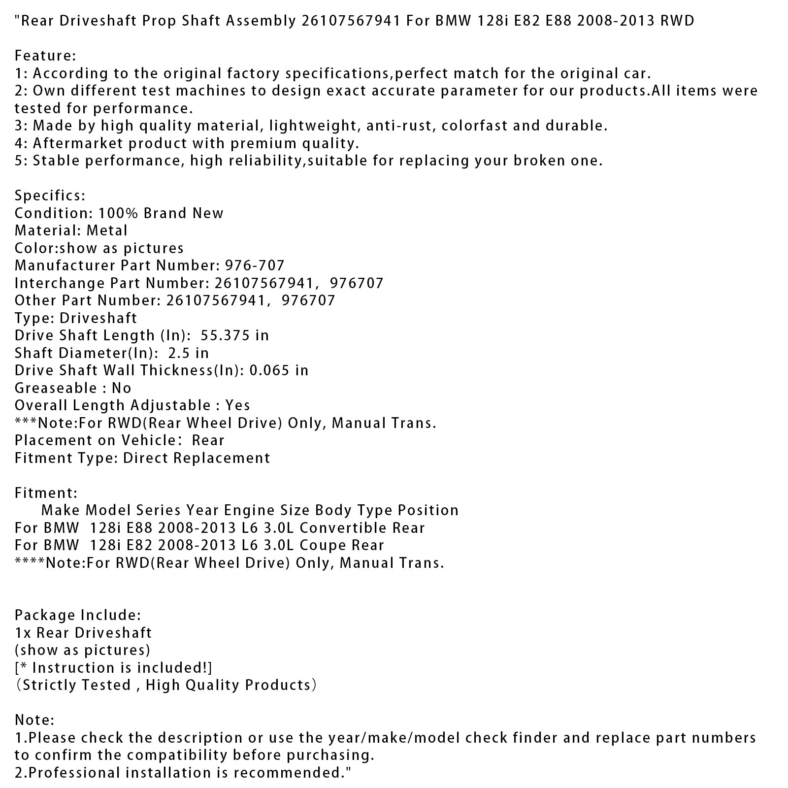 2008-2013 BMW 128i E82 E88 Rear Driveshaft Prop Shaft Assembly 26107567941