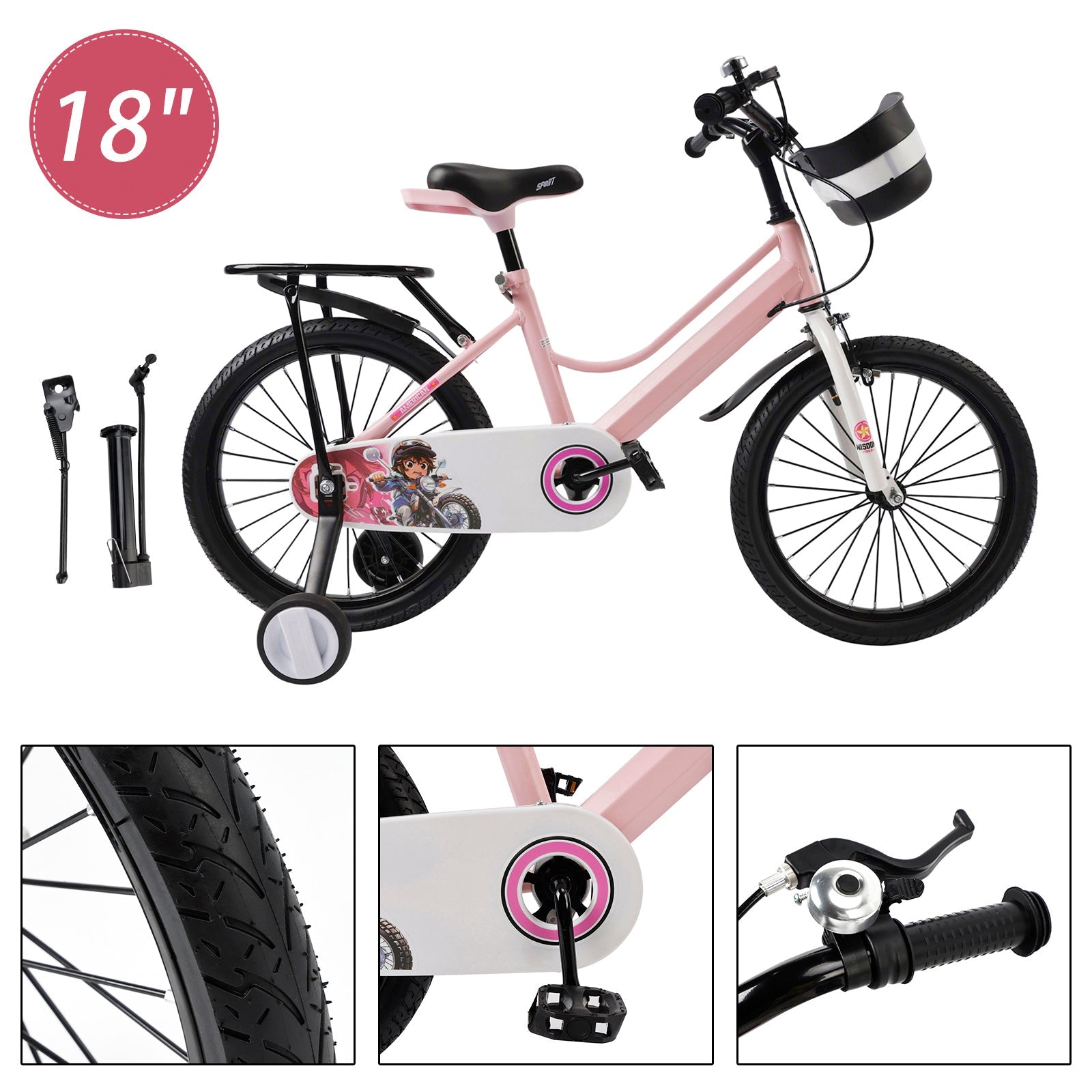 18" Kids Bike for Boys and Girls with auxiliary wheels & Rack Pink