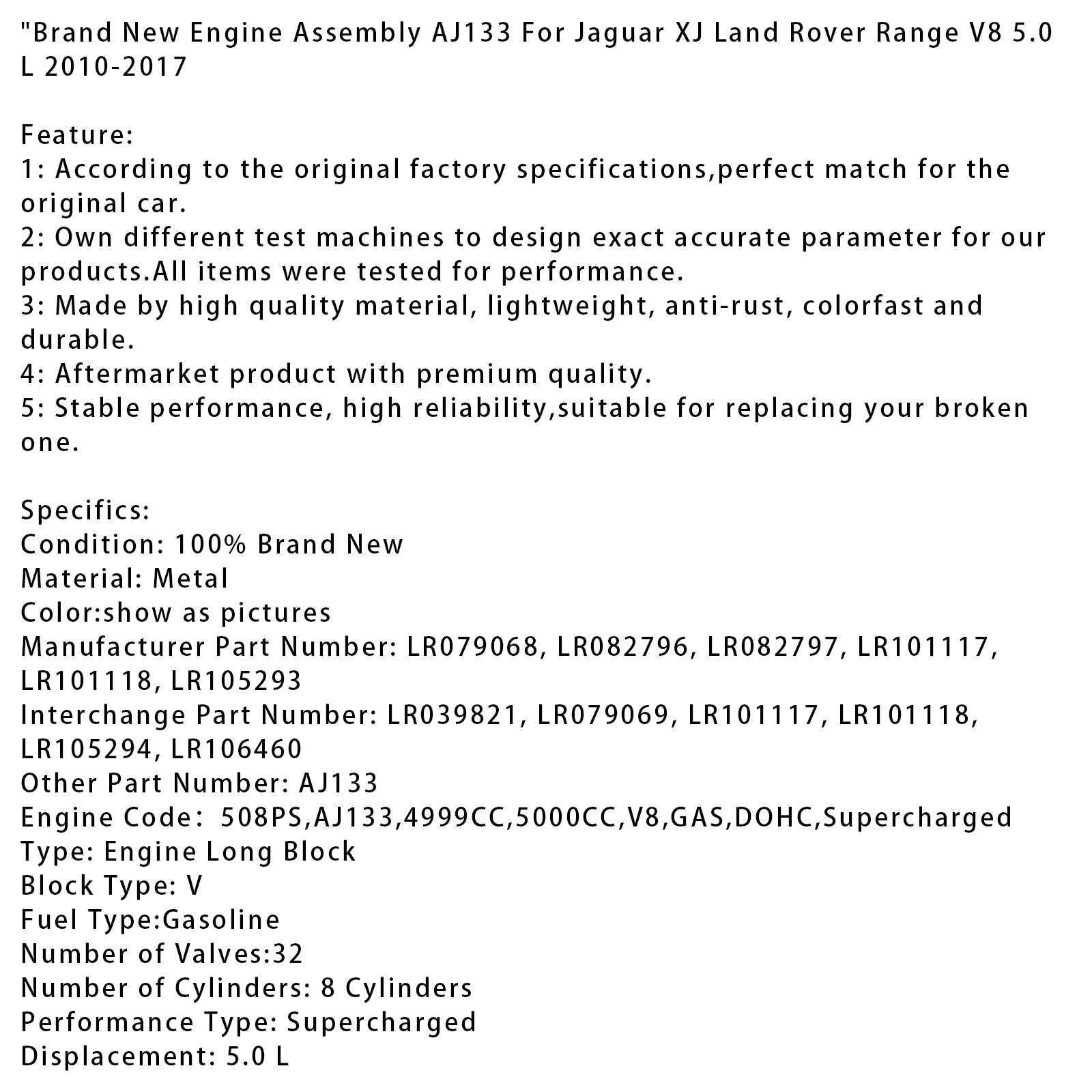 Engine Assembly AJ133 For Jaguar XJ Land Rover Range V8 5.0 L 2010-2017
