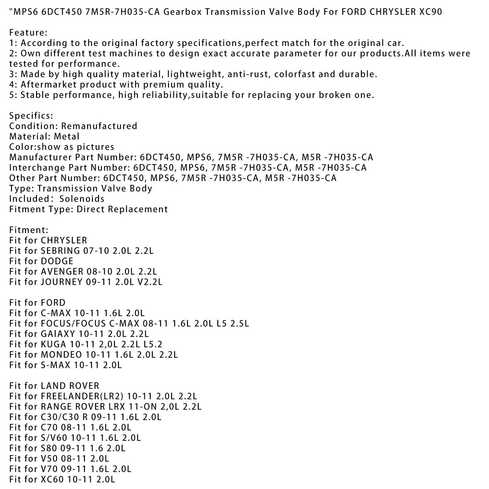 2010-2011 랜드로버 프리랜더(LR2) 2.0L 2.2L 기어박스 변속기 밸브 바디 MPS6 6DCT450 7M5R-7H035-CA