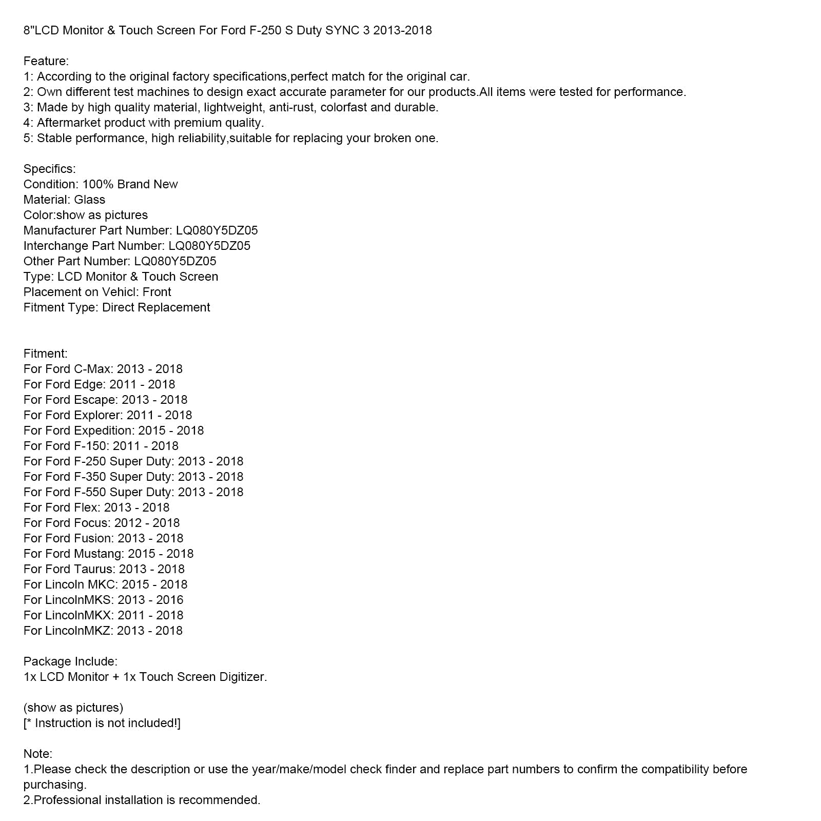 2013-2018 Ford Taurus 8"LCD Monitor & Touch Screen LQ080Y5DZ05
