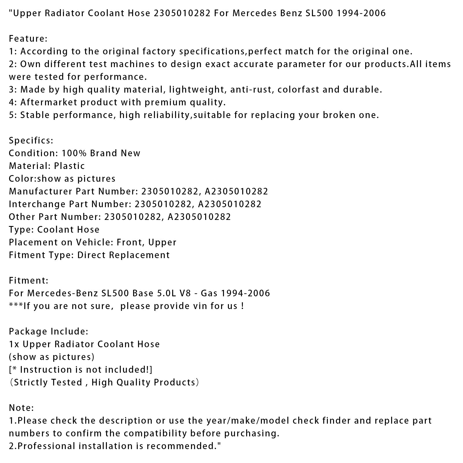 1994-2006 Mercedes Benz SL500 Upper Radiator Coolant Hose 2305010282
