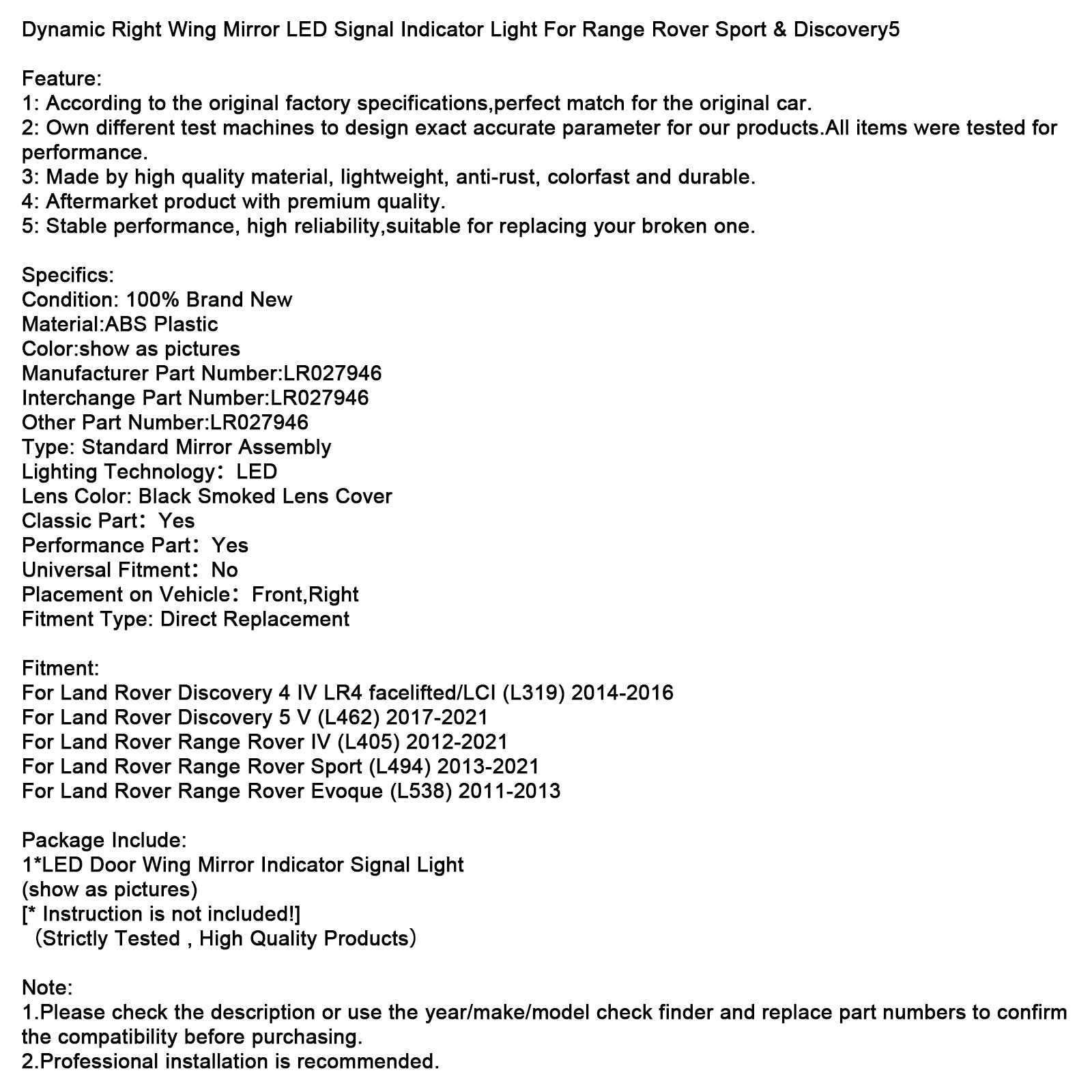 Dynamic Right Wing Mirror LED Signal Indicator Light For Range Rover Sport