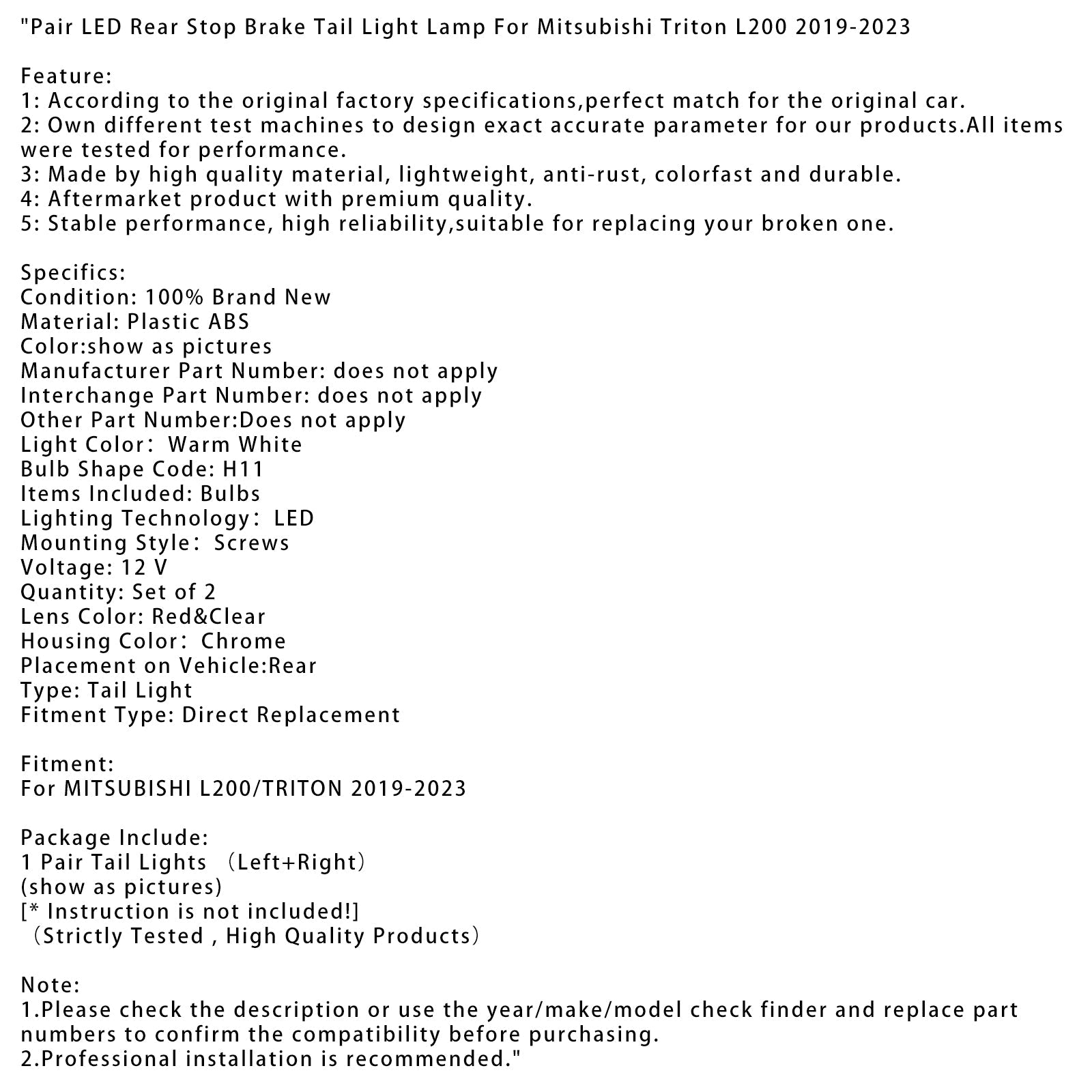 미쓰비시 트리톤 L200 2019-2023용 LED 리어 스톱 브레이크 테일 라이트 램프