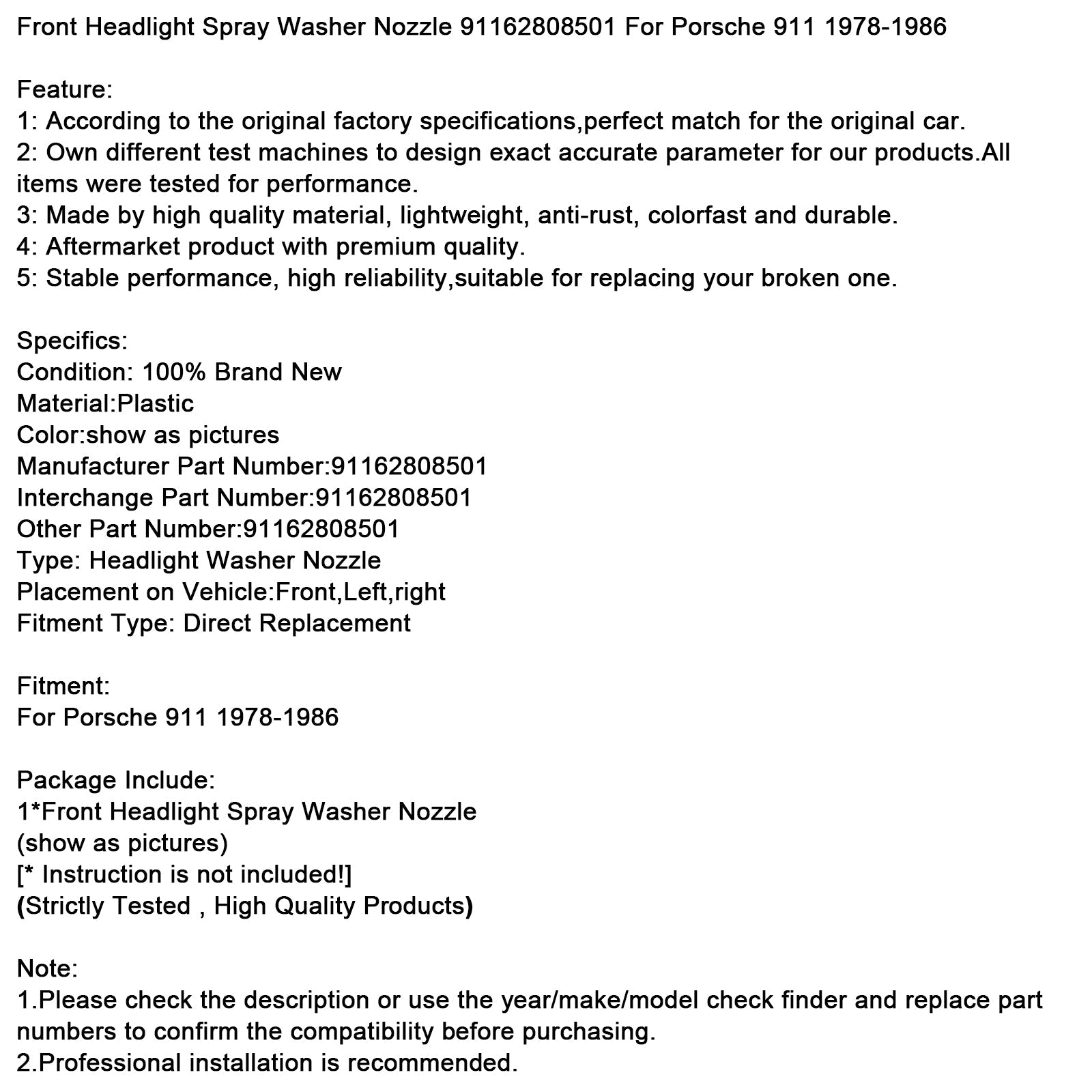 1978-1986 Porsche 911 Front Headlight Spray Washer Nozzle 91162808501