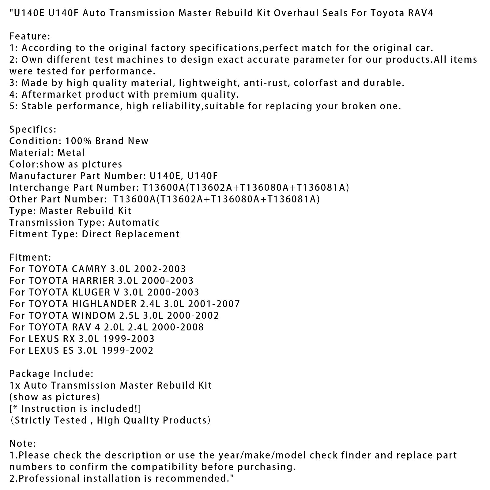 2000-2003 TOYOTA HARRIER 3.0L Auto Transmission Master Rebuild Kit Overhaul Seals U140E U140F T13600A