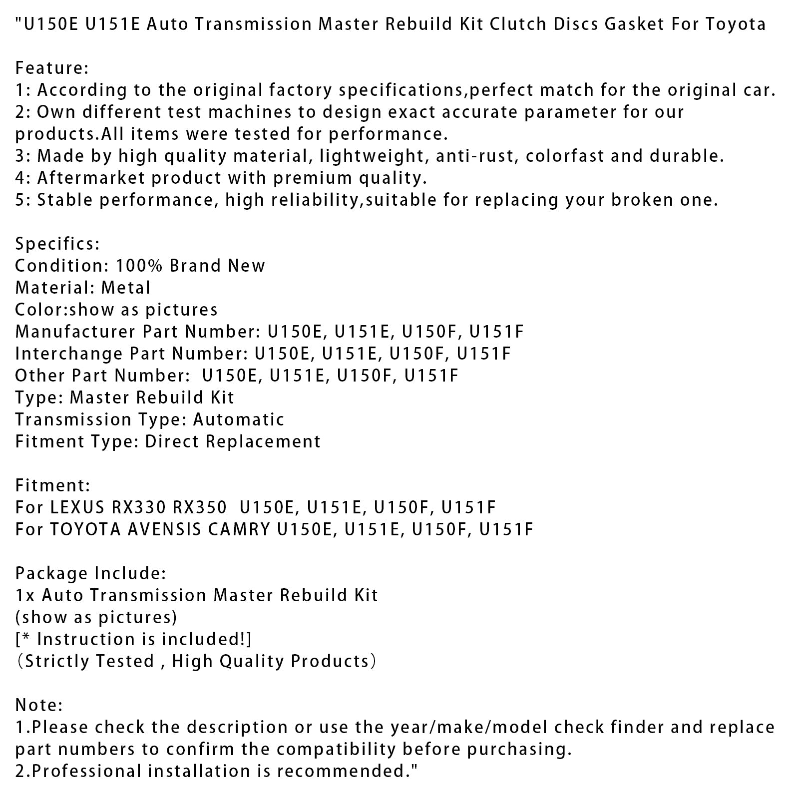 LEXUS RX330 RX350 U150E, U151E, U150F, U151F Auto Transmission Master Rebuild Kit Clutch Discs Gasket