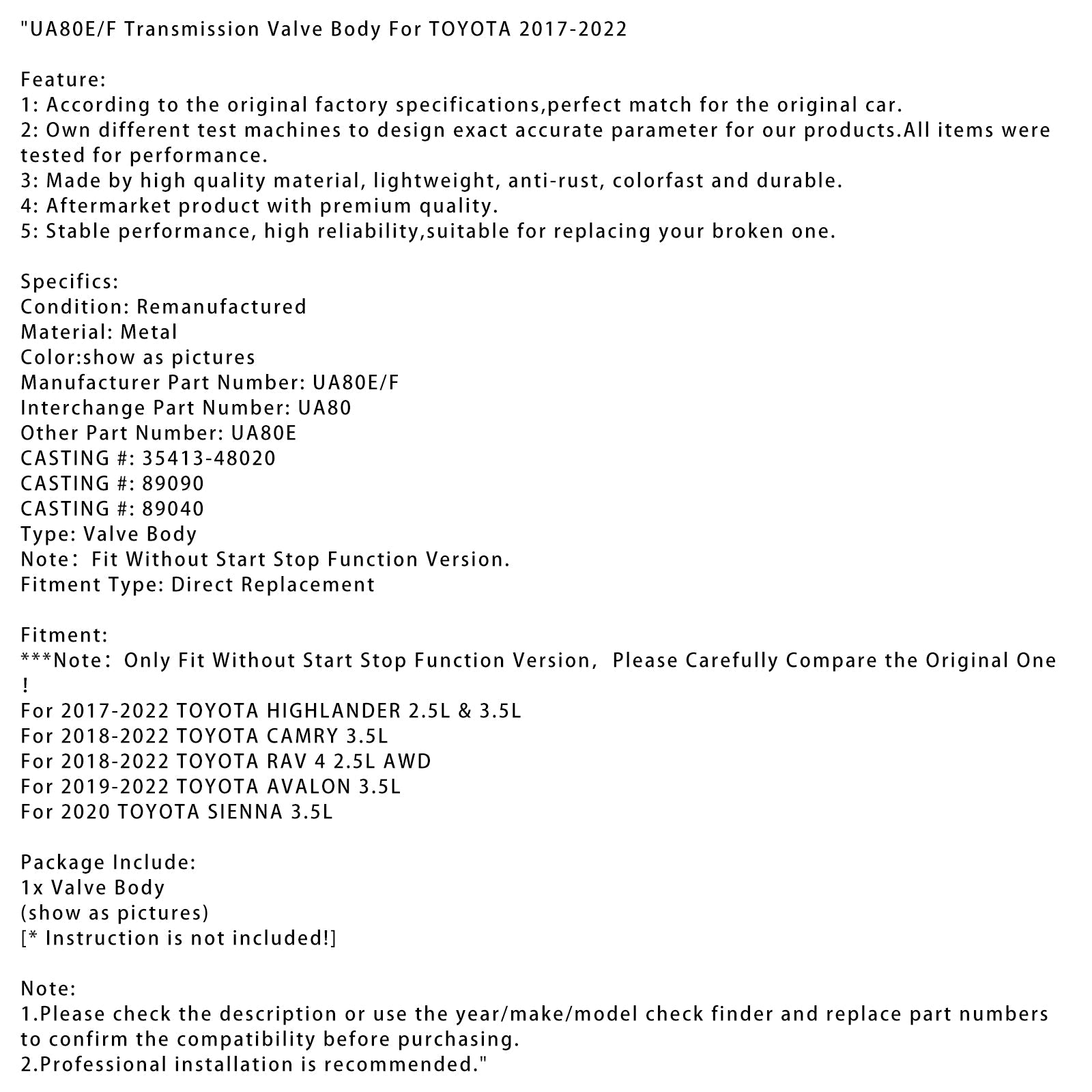 2018-2022 TOYOTA CAMRY 3.5L Transmission Valve Body UA80E/F 35413-48020 89090