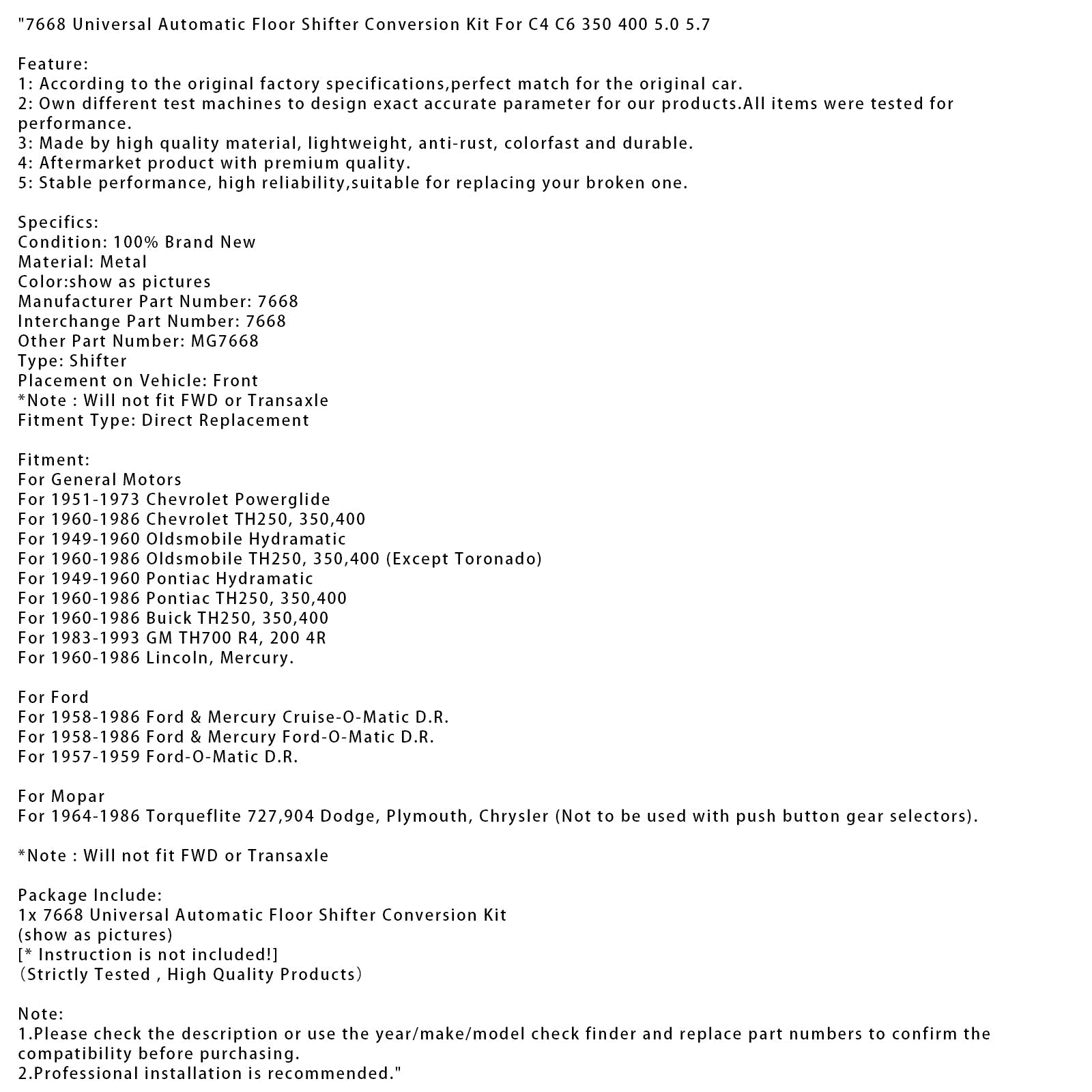 1960-1986 Buick TH250, 350,400 7668 Universal Automatic Floor Shifter Conversion Kit