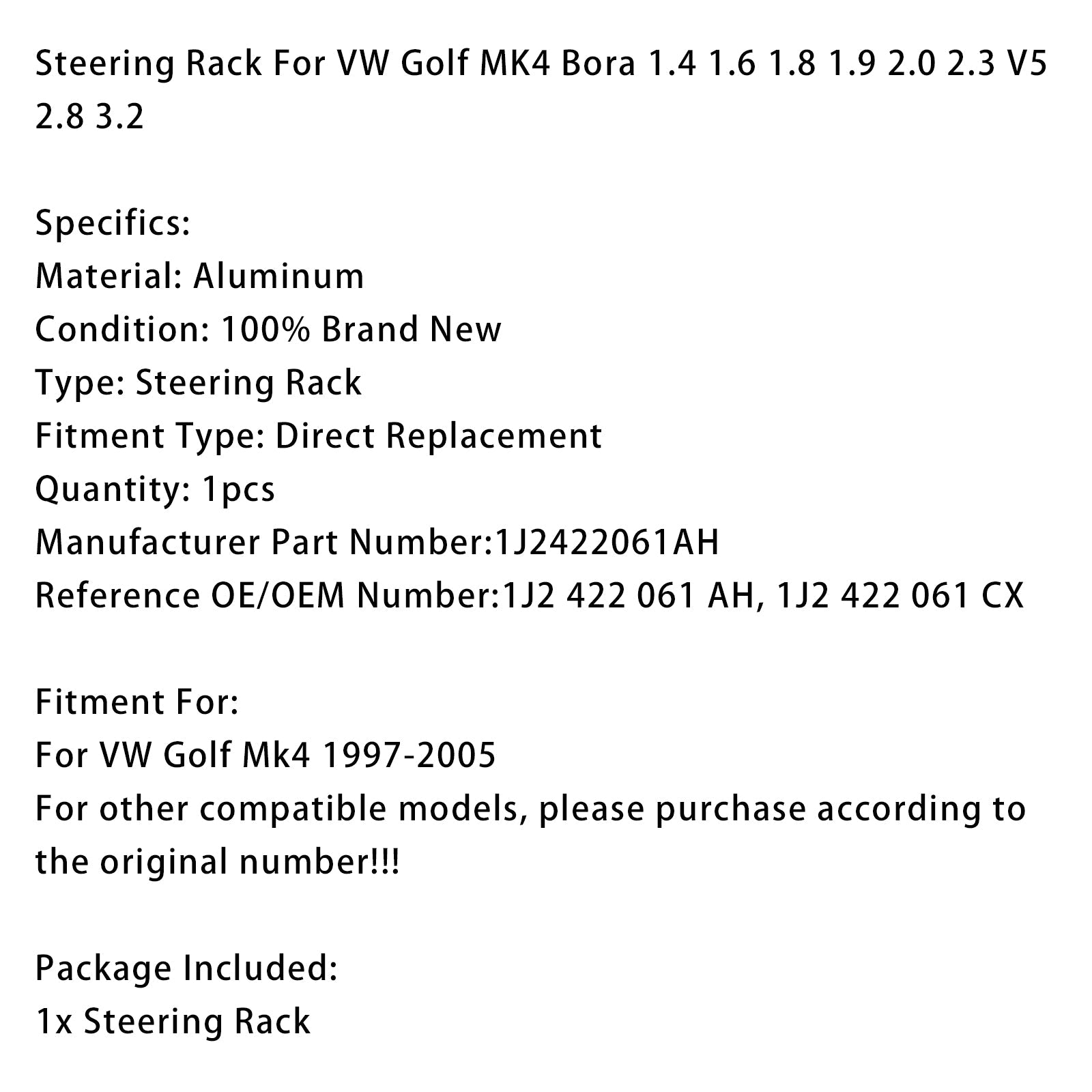 1997-2005 VW Golf MK4 Right hand drive 1J2422061AH Steering Rack