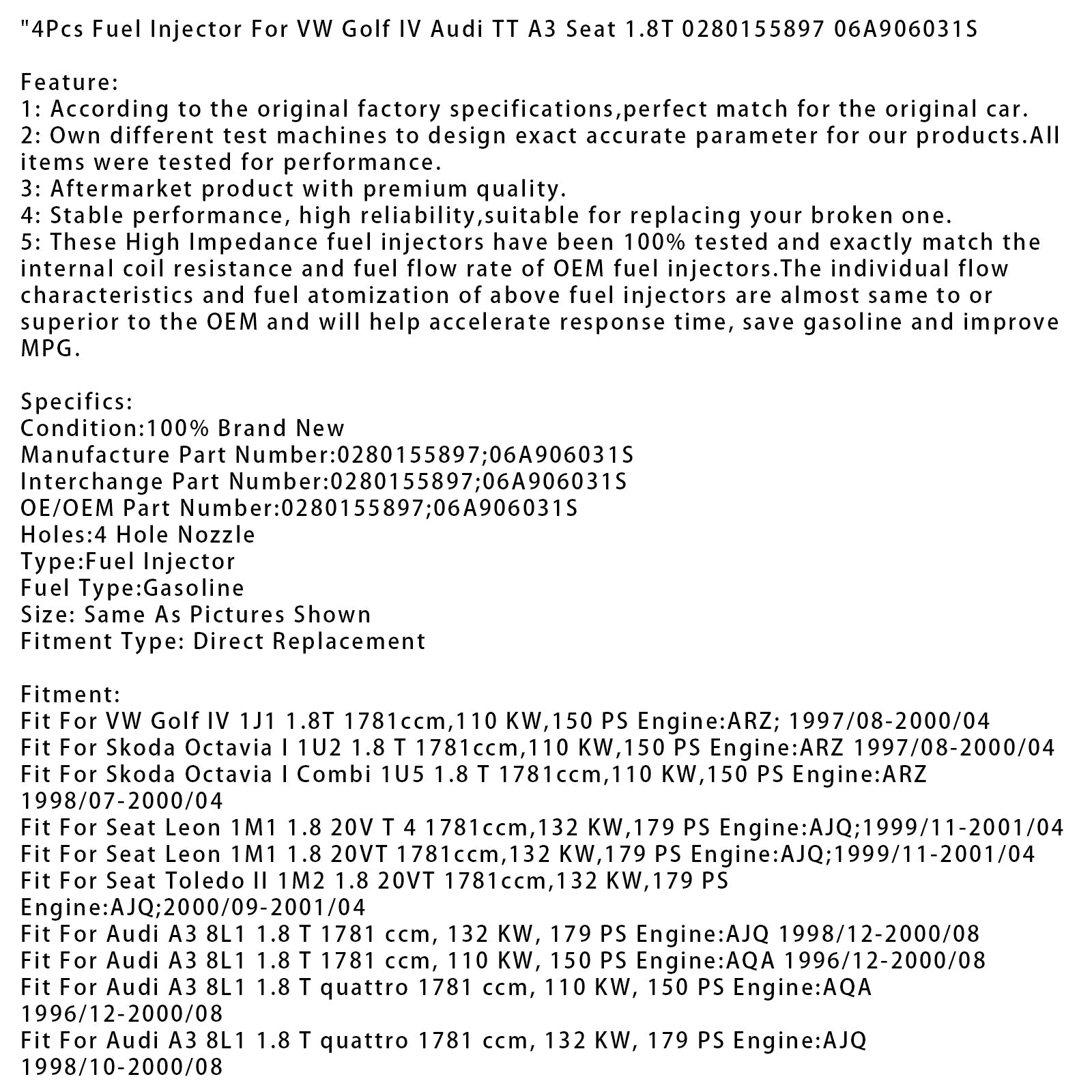 4Pcs Fuel Injector For VW Golf IV Audi TT A3 Seat 1.8T 0280155897 06A906031S