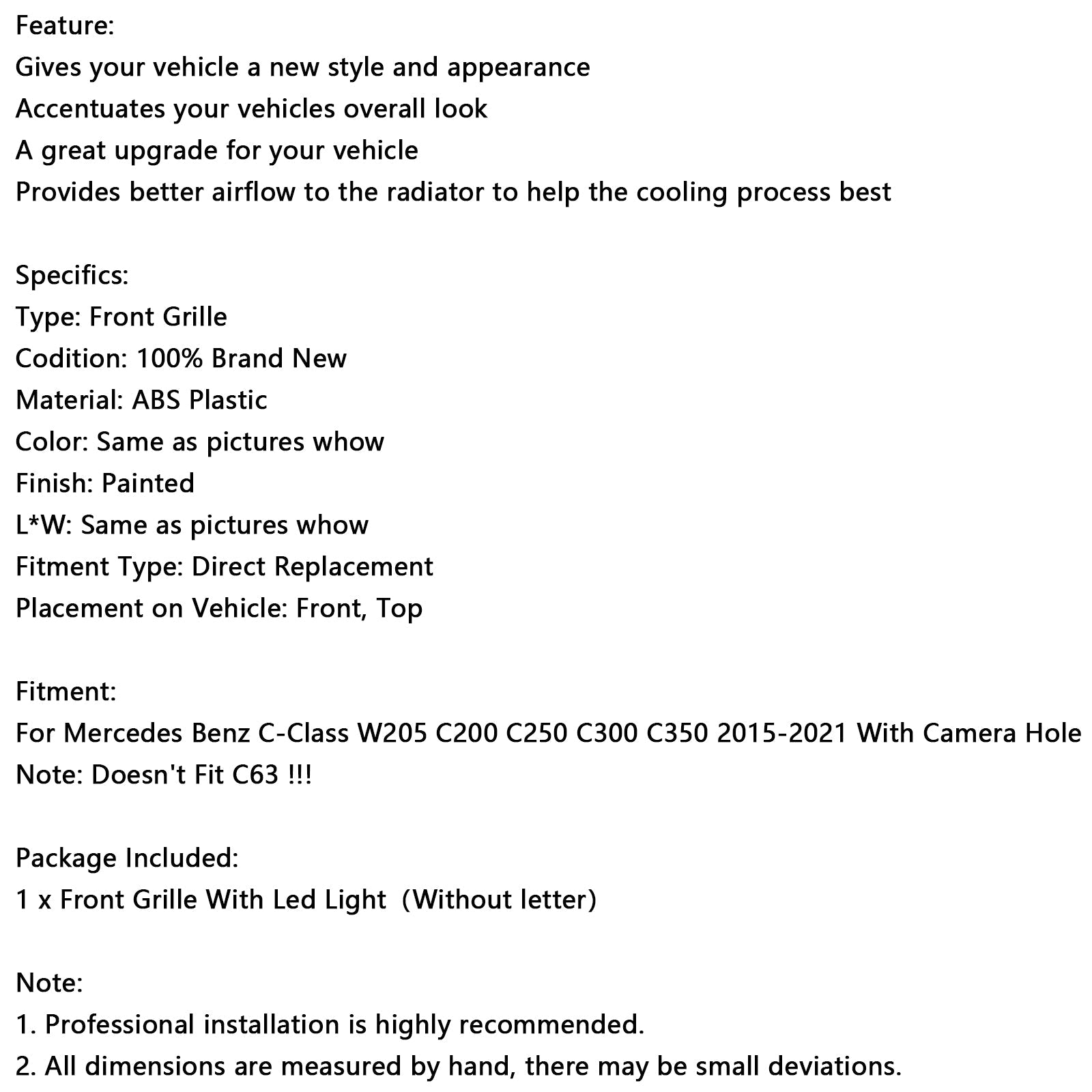 Chrome Front Bumper Grill Grille Fit Mercedes W205 C250 C300 2015-2021 W/LED