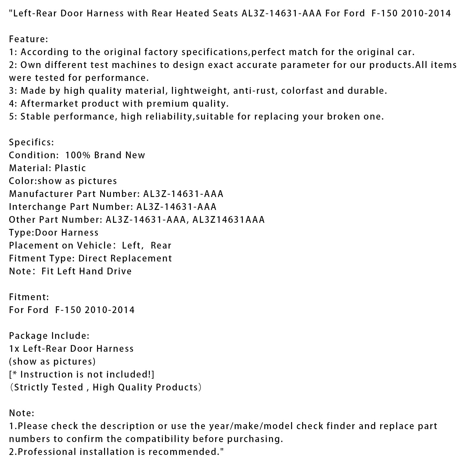 2010-2014 Ford F-150 Left-Rear Door Harness with Rear Heated Seats AL3Z-14631-AAA