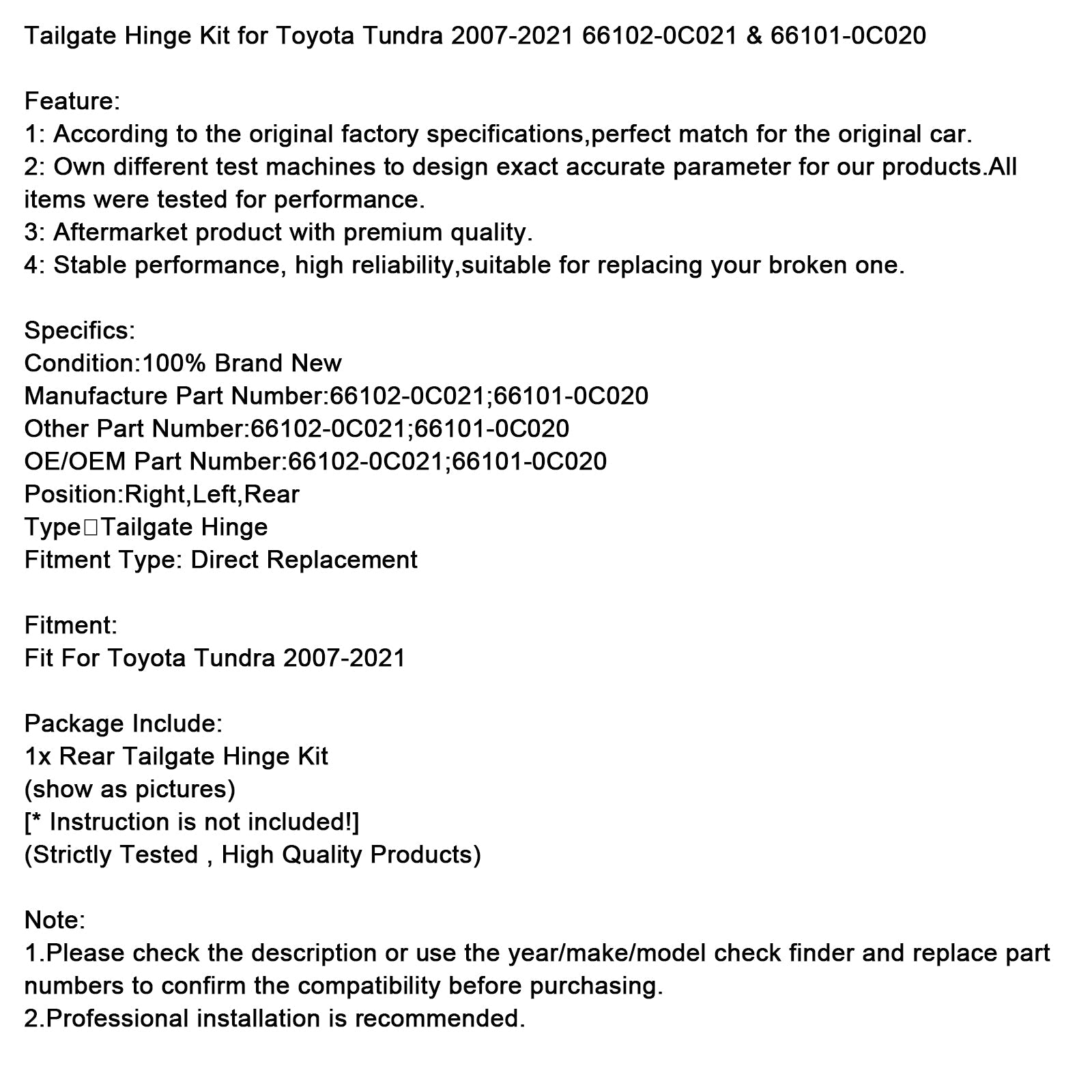 2007-2021 Toyota Tundra Tailgate Hinge Kit 66102-0C021 & 66101-0C020