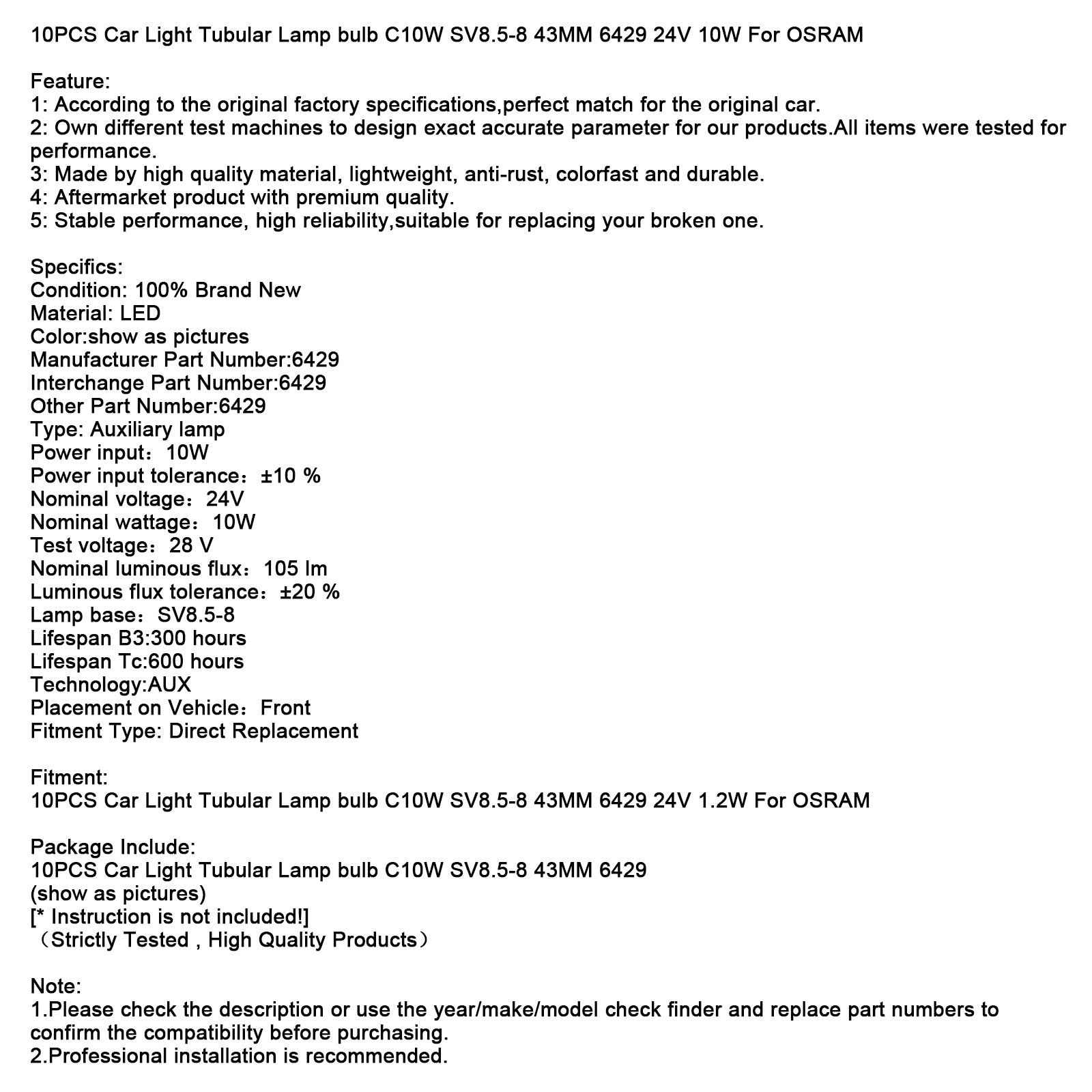 10PCS Car Light Tubular Lamp bulb C10W SV8.5-8 43MM 6429 24V 10W For OSRAM