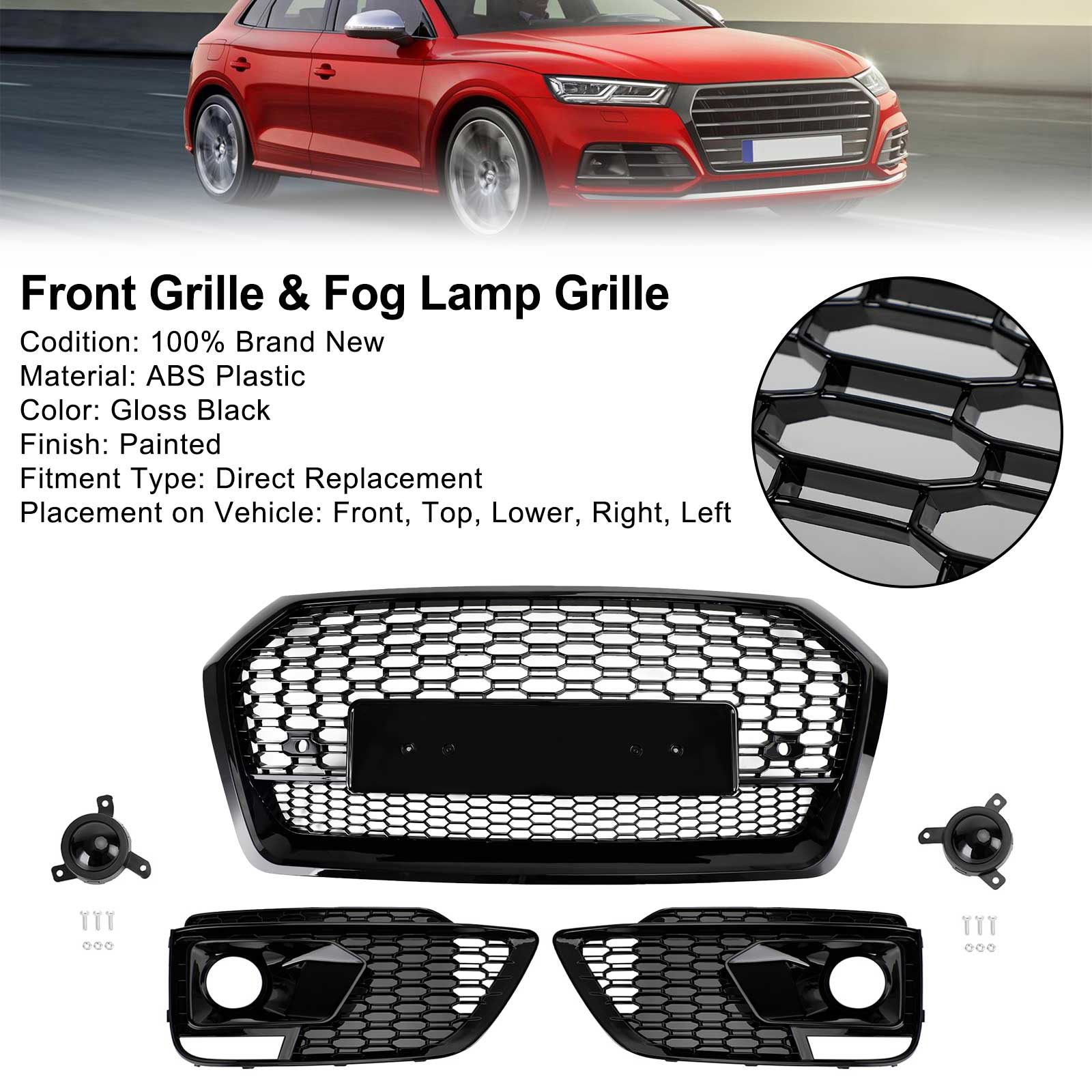 RSQ5 Front Honeycomb Mesh Grill + Fog Lamp Grille Fit Audi Q5 SQ5 2018-2020