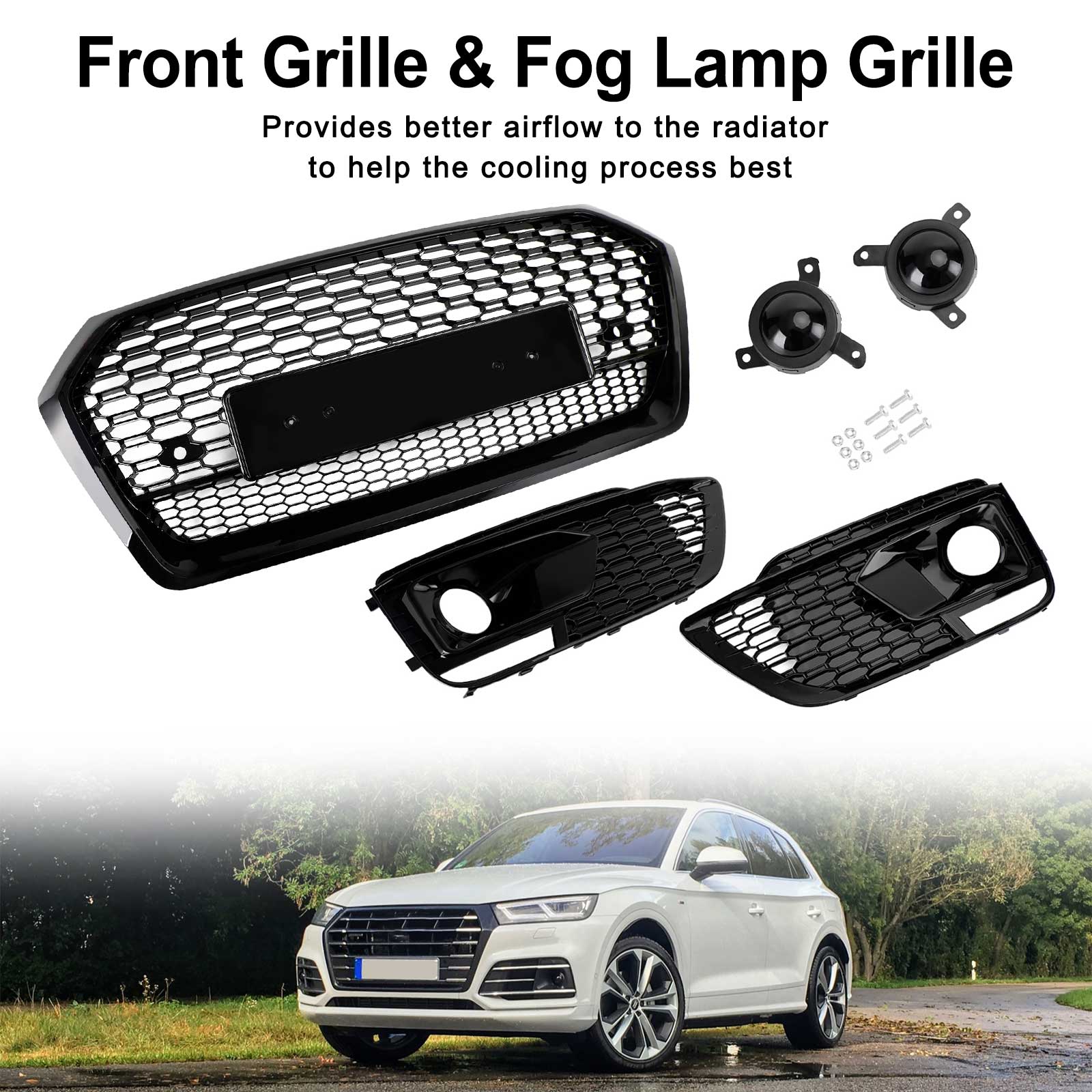 RSQ5 Front Honeycomb Mesh Grill + Fog Lamp Grille Fit Audi Q5 SQ5 2018-2020