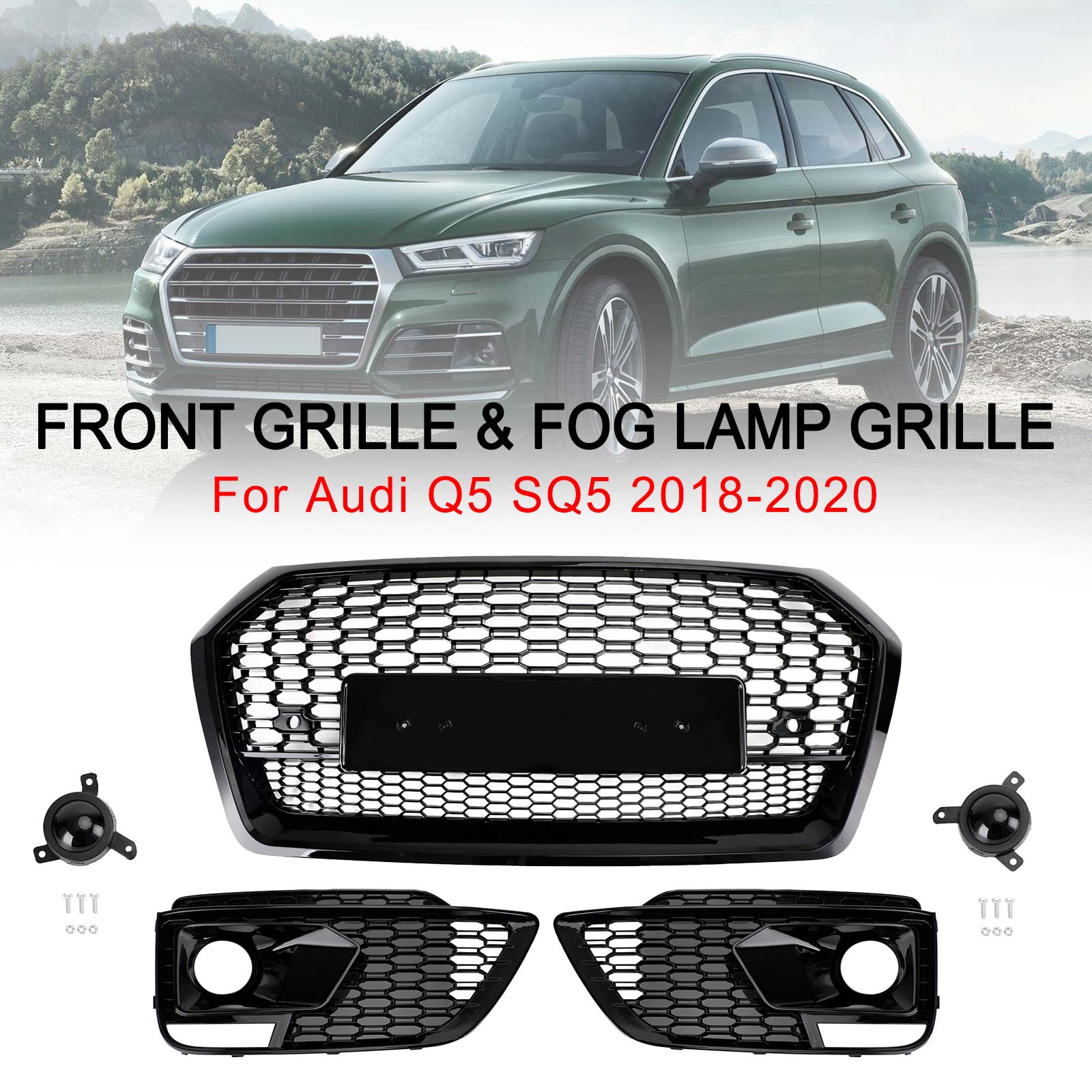 RSQ5 Front Honeycomb Mesh Grill + Fog Lamp Grille Fit Audi Q5 SQ5 2018-2020