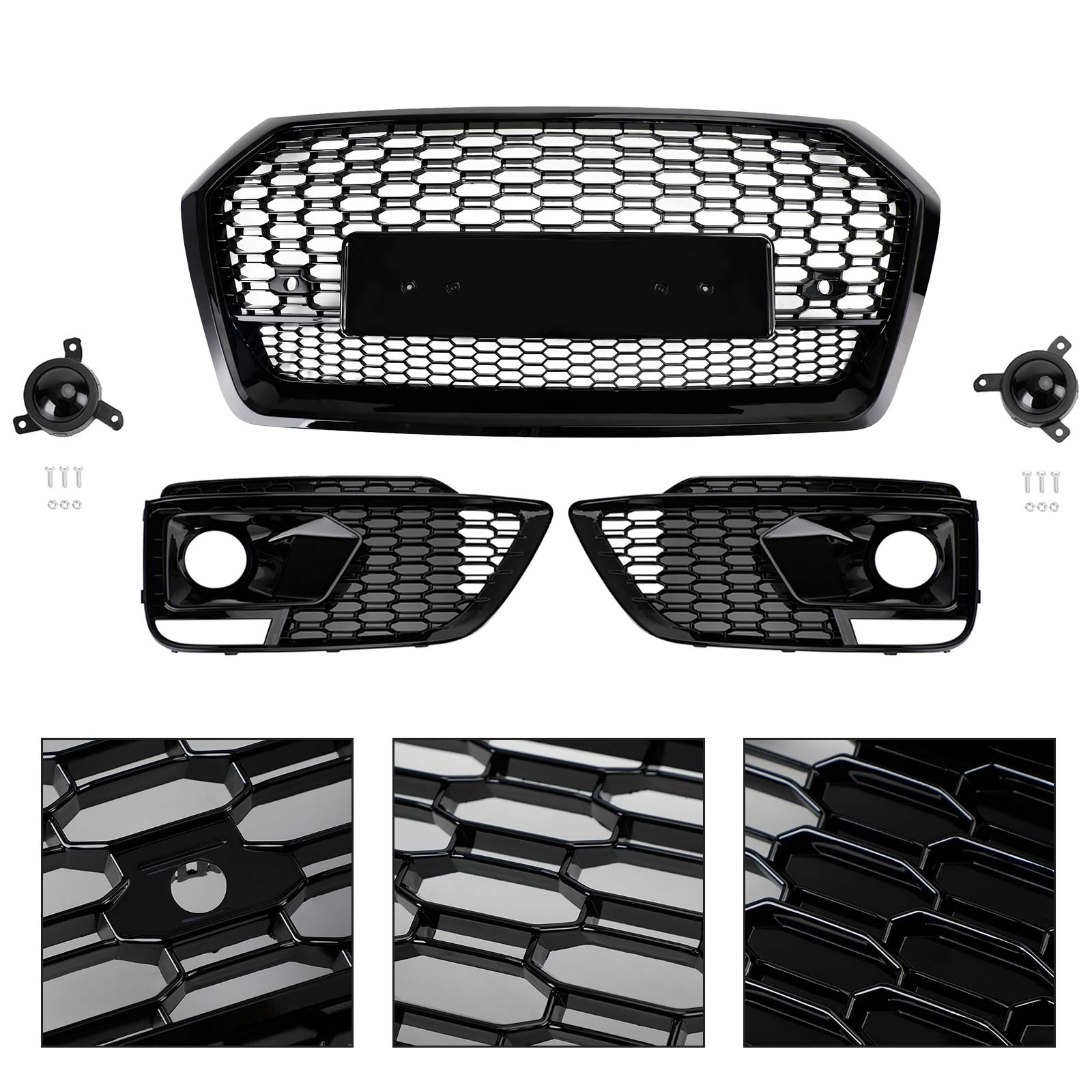 RSQ5 Front Honeycomb Mesh Grill + Fog Lamp Grille Fit Audi Q5 SQ5 2018-2020